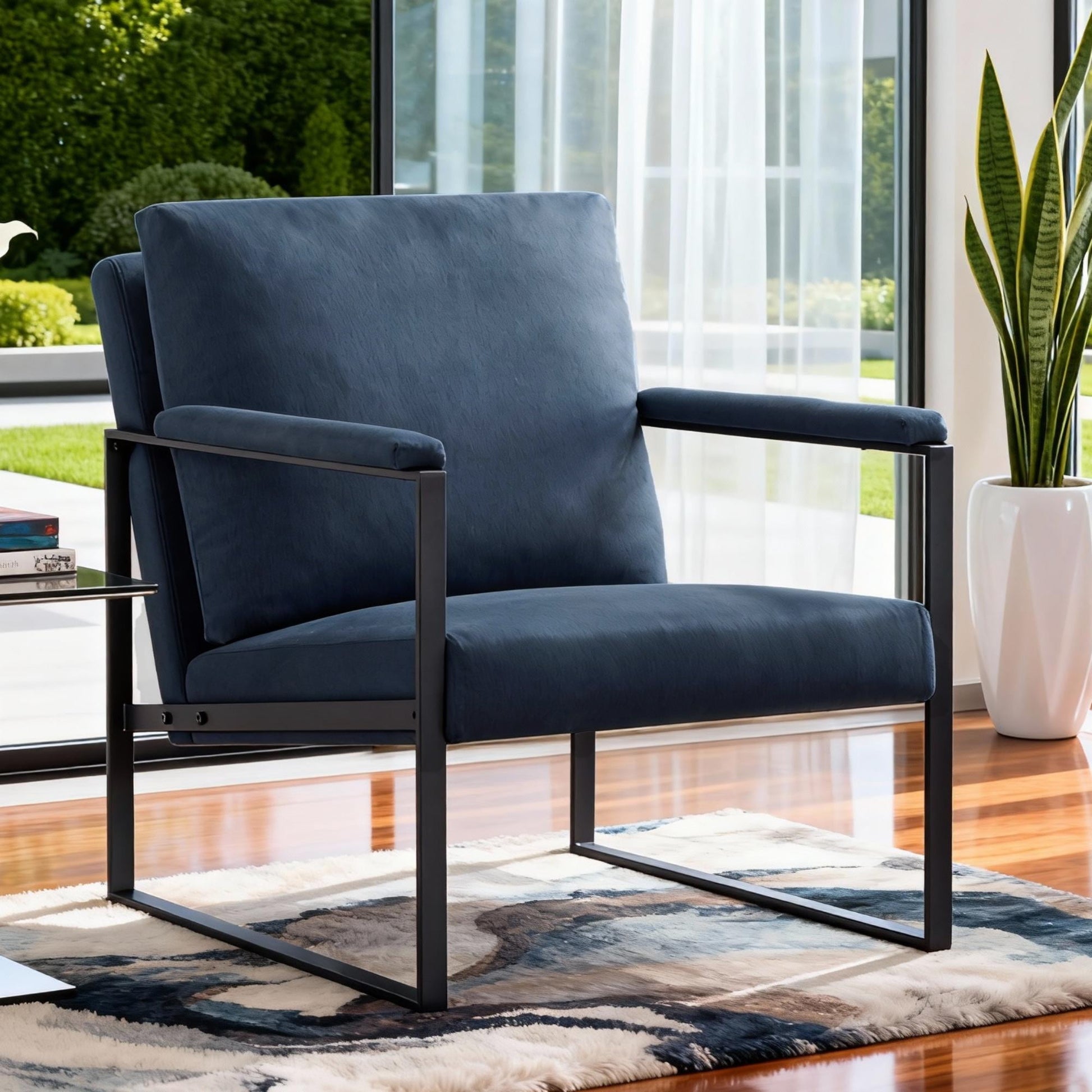 BSHTI Linen Blend Upholstery Accent Armchair,Metal Frame,Square Arms with Padding,Removable Back Cushion,Easy to Assemble,Dark Blue