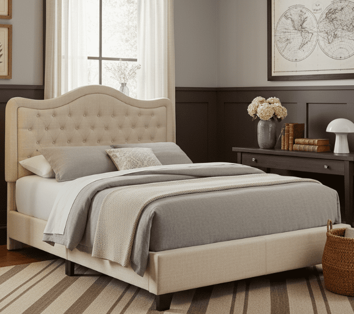 BSHTI Livingroom Modern Twin Size Metal Platform Bed Frame with Upholstered Headboard and wood slats support for Livingroom, Box Spring Required