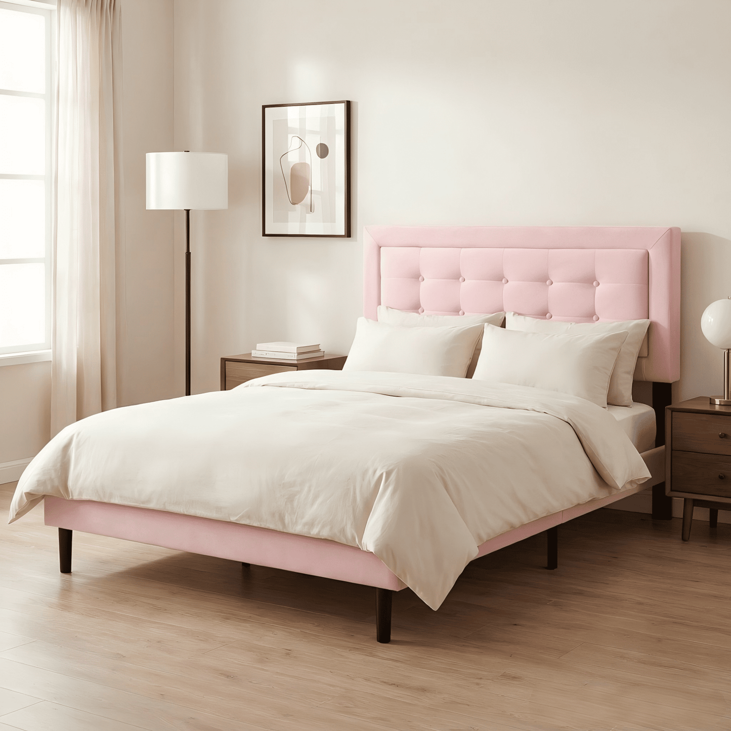 BSHTI Full Size Platform Bed Frame with Square Tufted Upholstered Headboard â€“ Solid Wood Frame, 10 Wood Slats, Center Support Leg, Under-Bed Clearance, No Box Spring Needed, Pink