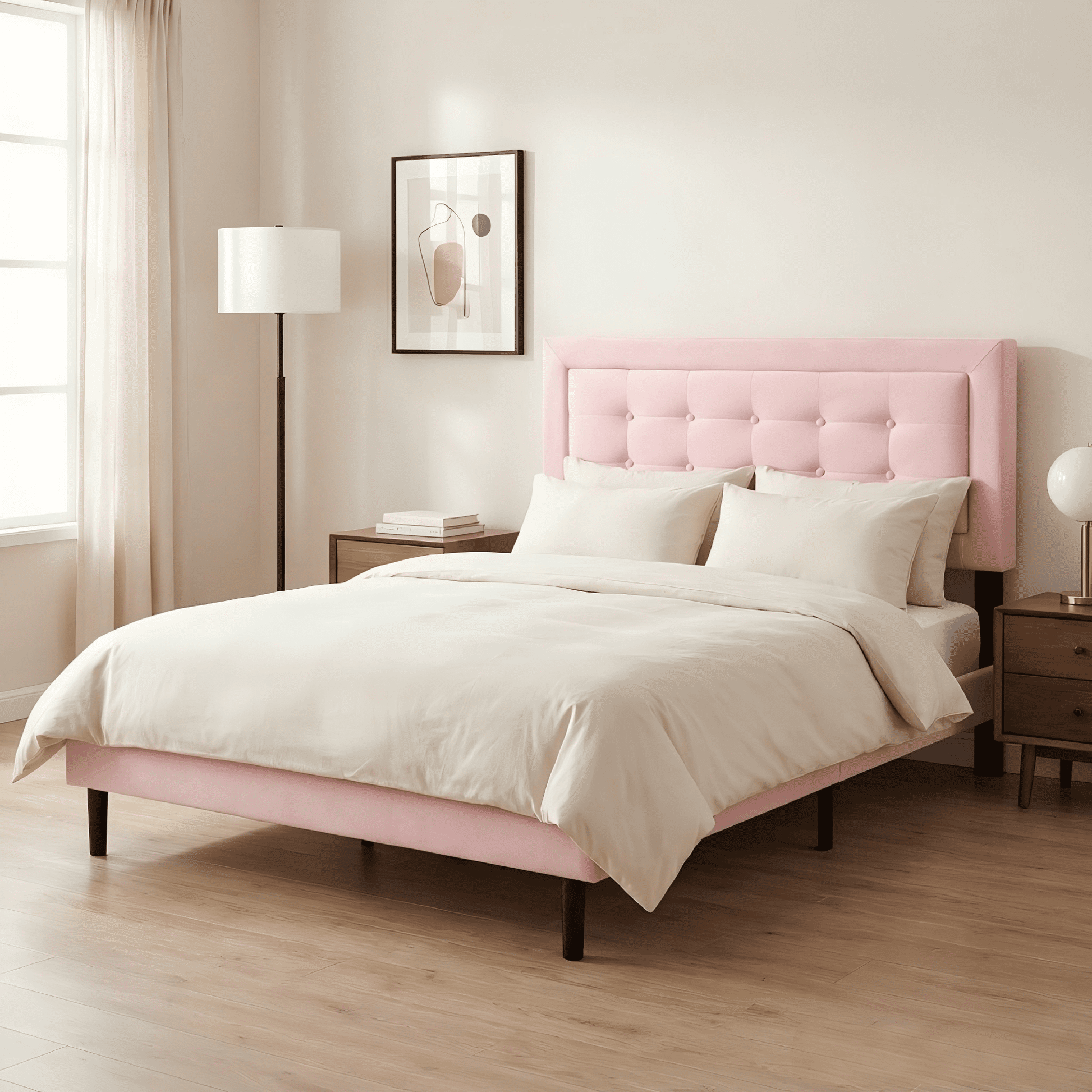 BSHTI Full Size Platform Bed Frame with Square Tufted Upholstered Headboard â€“ Solid Wood Frame, 10 Wood Slats, Center Support Leg, Under-Bed Clearance, No Box Spring Needed, Pink