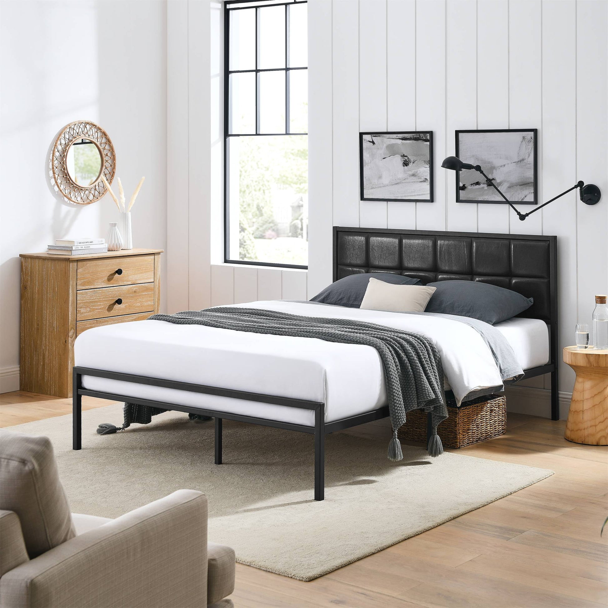 BSHTI Modern Queen Size Metal Platform Bed Frame with Upholstered Headboard and wood slats support for Livingroom,No Box Spring Needed