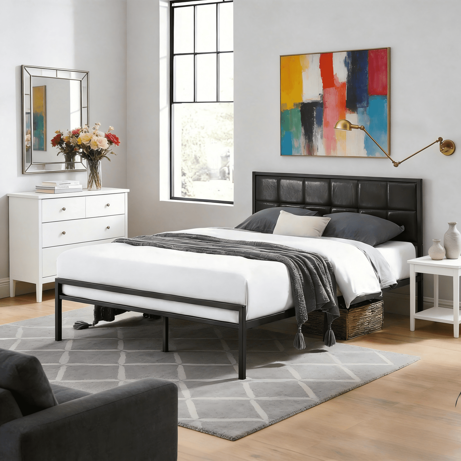 BSHTI Modern Twin Size Metal Platform Bed Frame with Upholstered Headboard and wood slats support for Livingroom,No Box Spring Needed