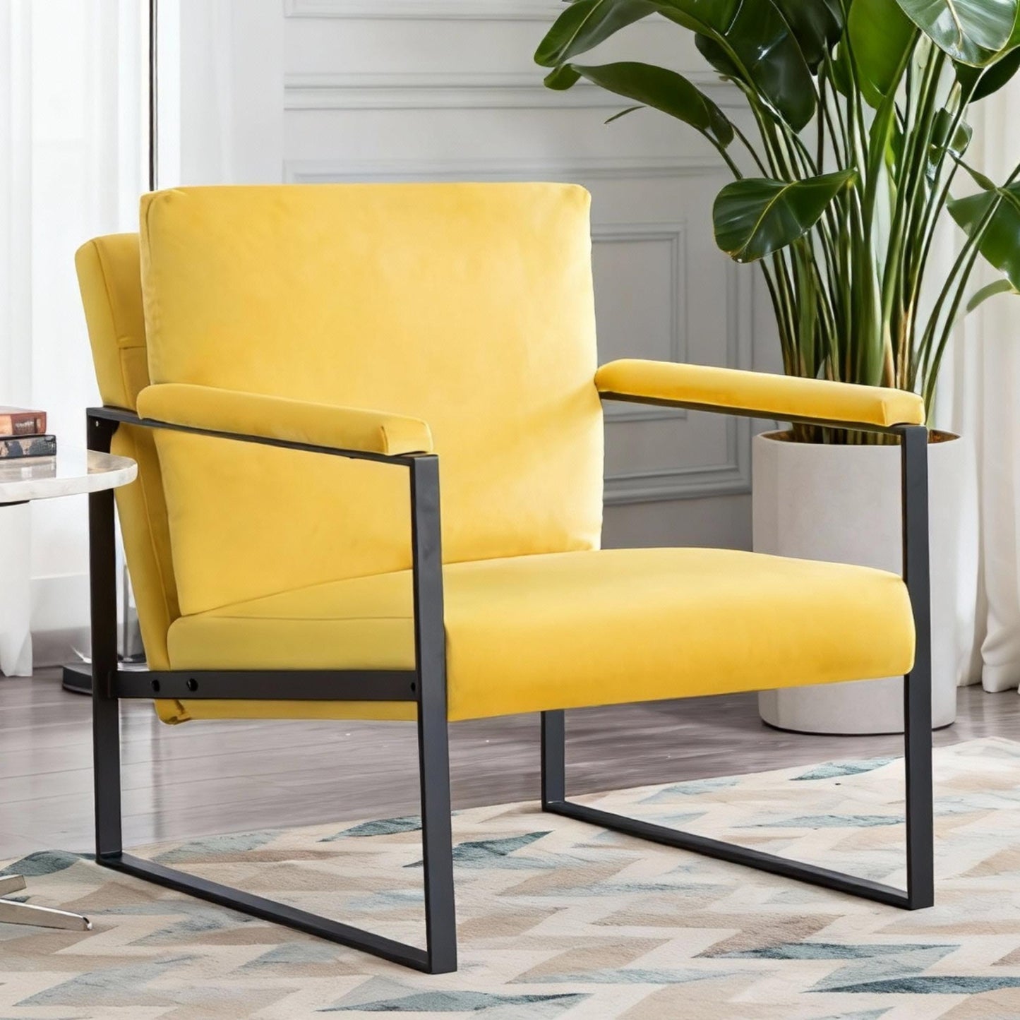 BSHTI Velvet Upholstery Accent Armchair,Metal Frame,Square Arms with Padding,Removable Back Cushion,Easy to Assemble,Yellow