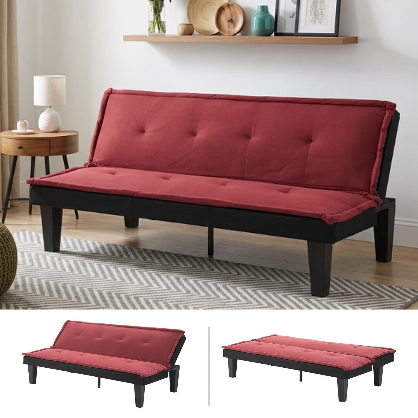 BSHTI 62.99" Faux Suede Futon Sofa Bed, 5-Position Adjustable Backrest, Converts to Sleeper, for Small Space, RED