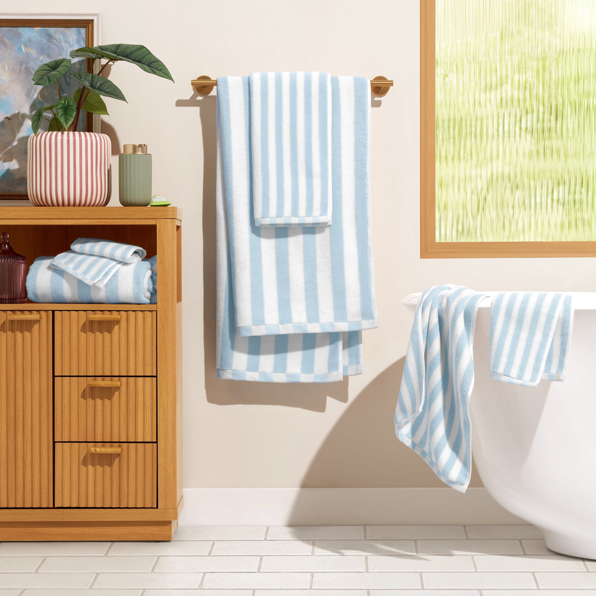 Beautiful by Drew Barrymore 6-Piece Stripe Hem Bath Towel Set, Soft 100% Cotton, Hydrangea