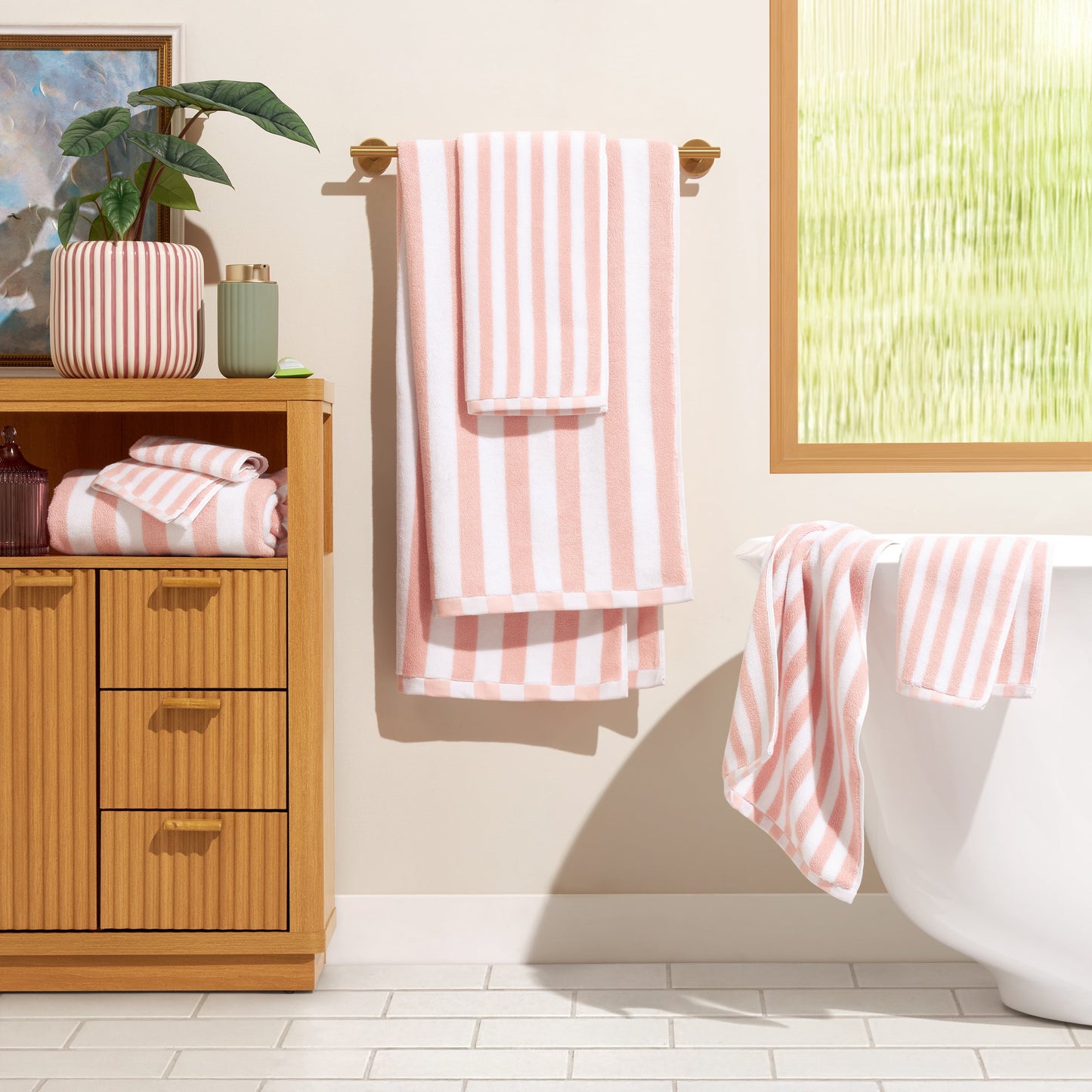 Beautiful by Drew Barrymore 6-Piece Stripe Hem Bath Towel Set, Soft Cotton, Rose
