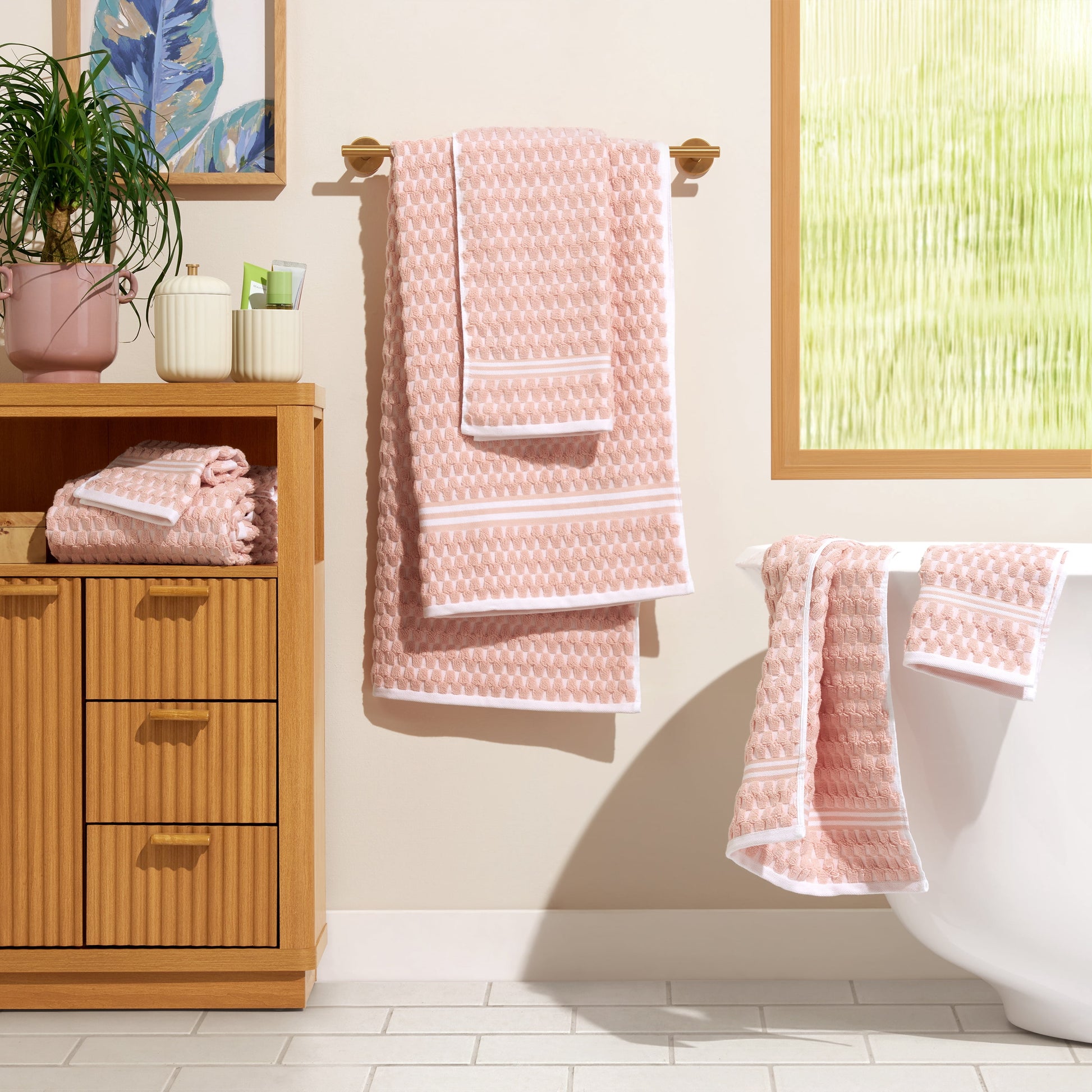 Beautiful by Drew Barrymore 6-Piece Staggered Tile Bath Towel Set, Soft 100% Cotton, Rose