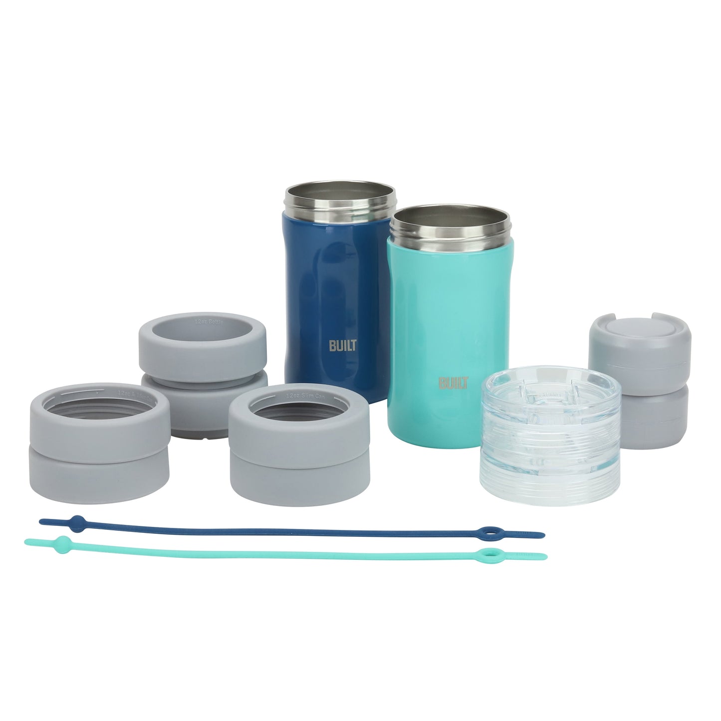BUILT 5-in-1 14 oz Insulated Stainless Steel Can Cooler and Drink Sleeve Set, Poseidon and Cockatoo