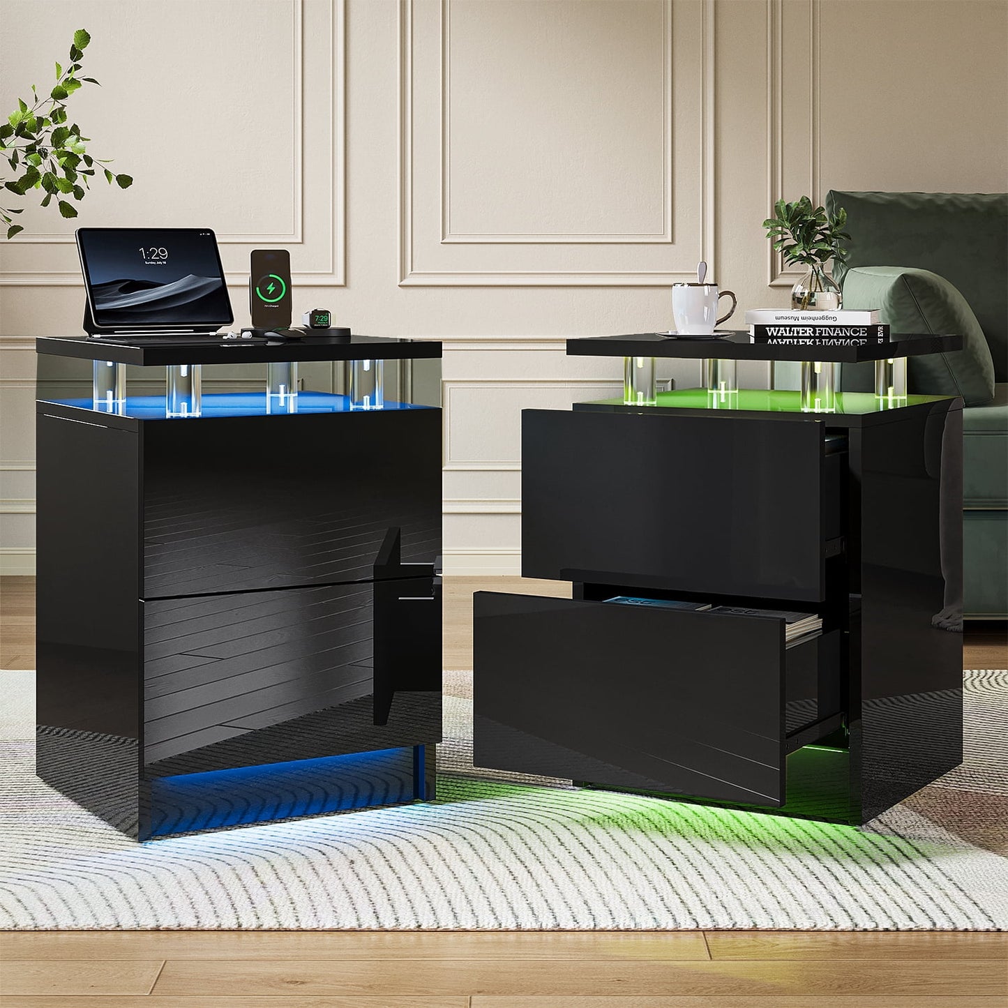 BaPiPro LED Nightstand Set of 2, Modern LED End Table with 2 Drawers, Bedside Table with Lighting for Bedroom, Living Room, Black