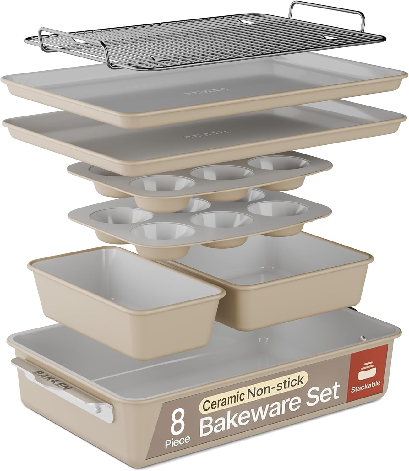 Bakken 8-Piece Ceramic Coated Bakeware Set, Nonstick Aluminized Steel, Oven Safe 500Â°F, Dishwasher Safe