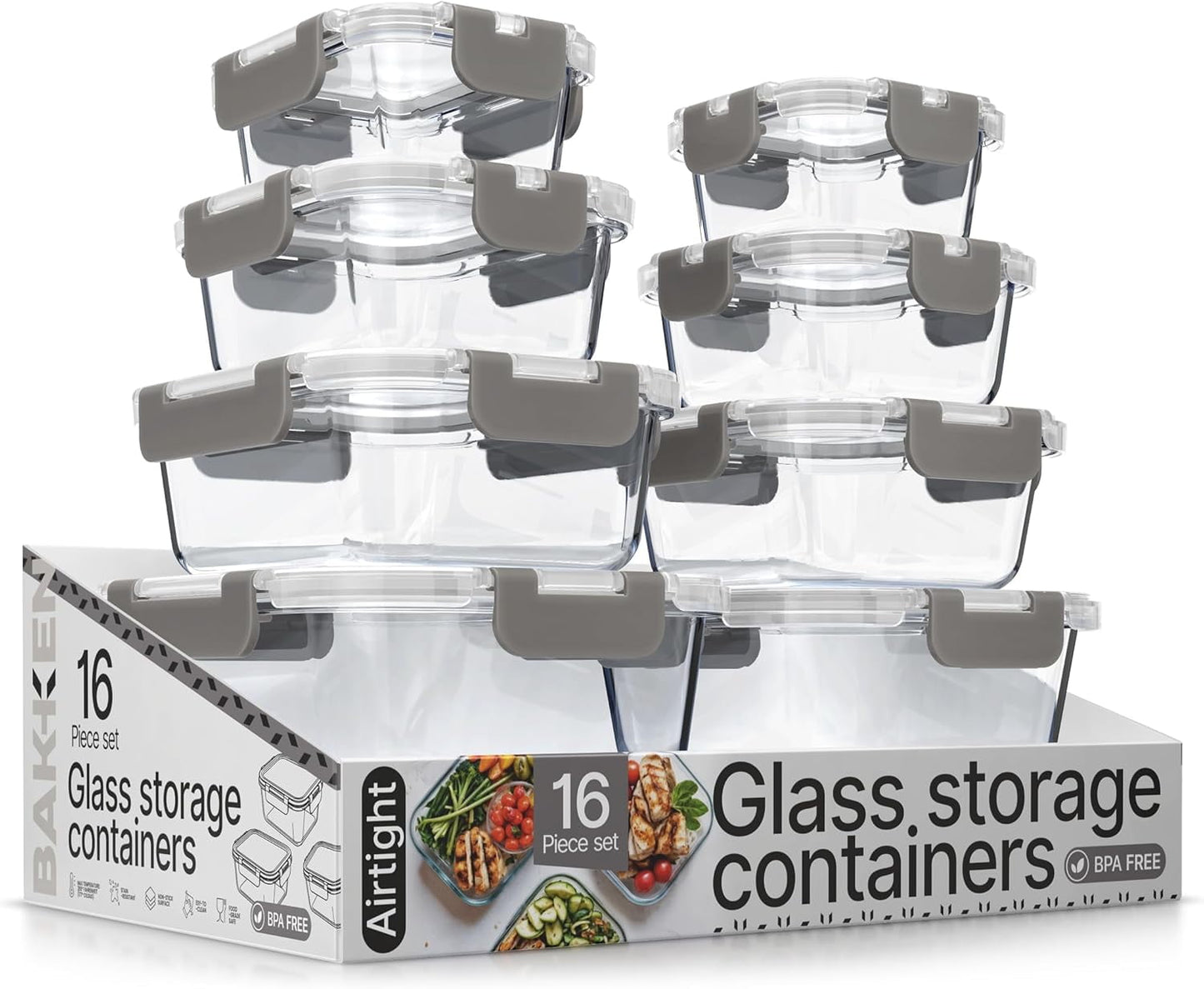 Bakken Borosilicate Glass Food Storage Containers with Lids 16 Pieces, Airtight Leak-Proof, Stackable Lunch Containers Microwave & Freezer Safe, Aqua