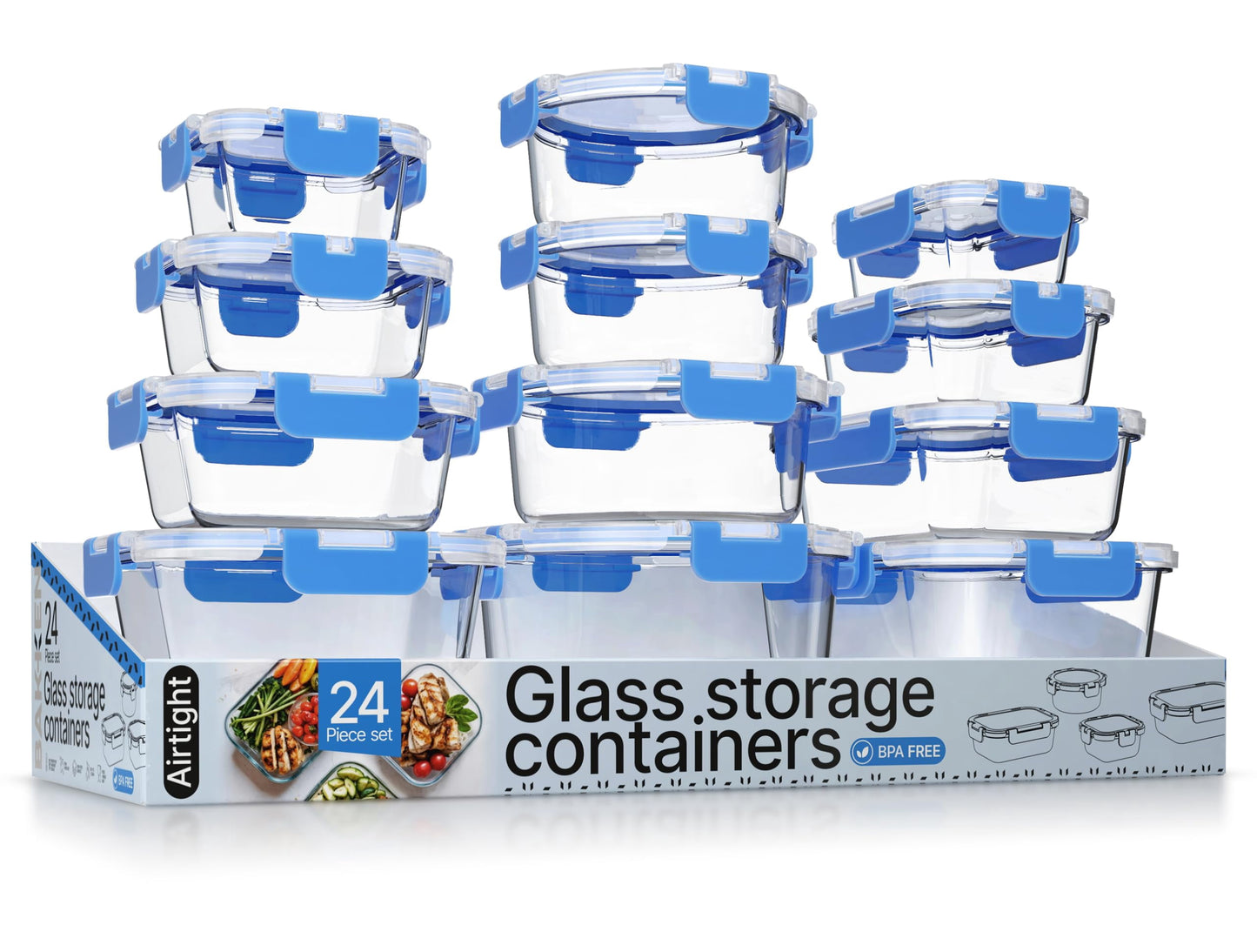 Bakken Borosilicate Glass Food Storage Containers with Lids 24 Pieces, Airtight Leak-Proof, Stackable Lunch Containers Microwave & Freezer Safe, Gray