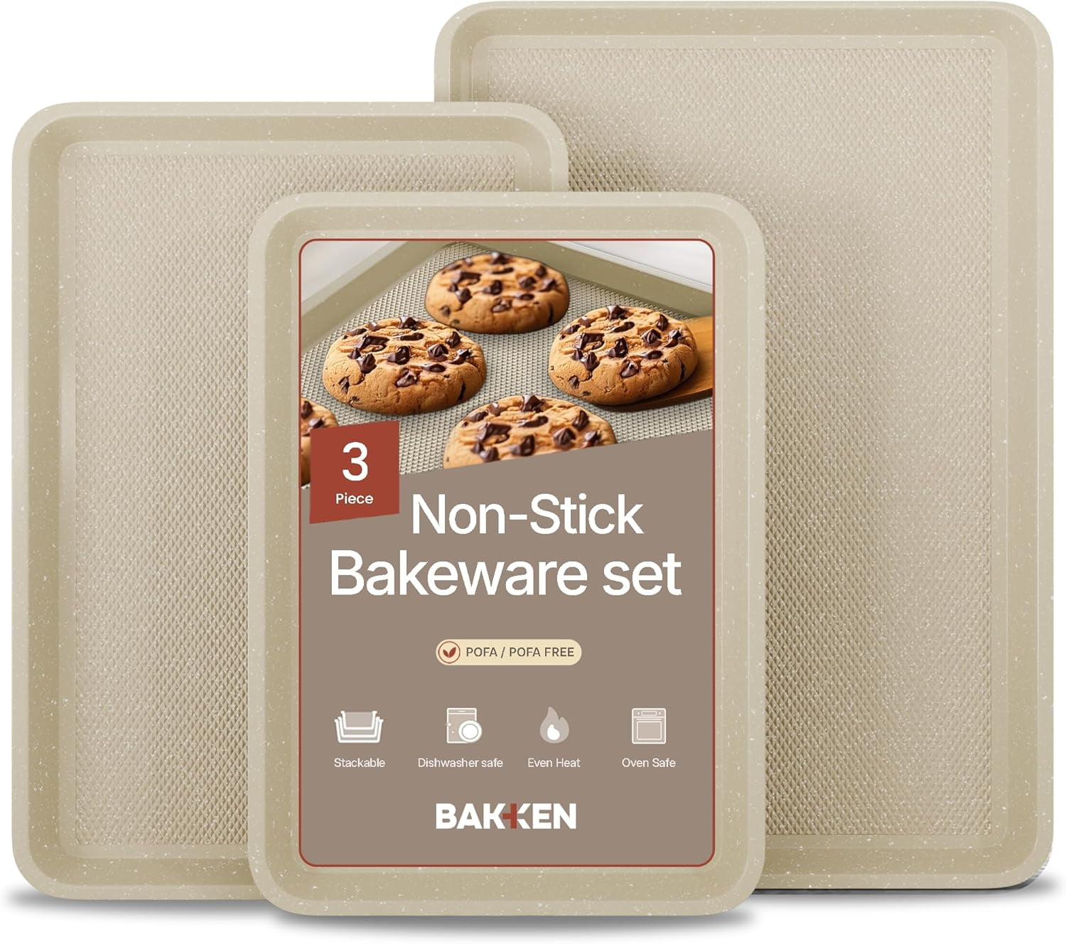 Bakken Kitchen 3-Piece Nonstick Baking Pan Set, Small, Medium, Large Cookie Sheets, White Marble, Oven Safe to 450Â°F