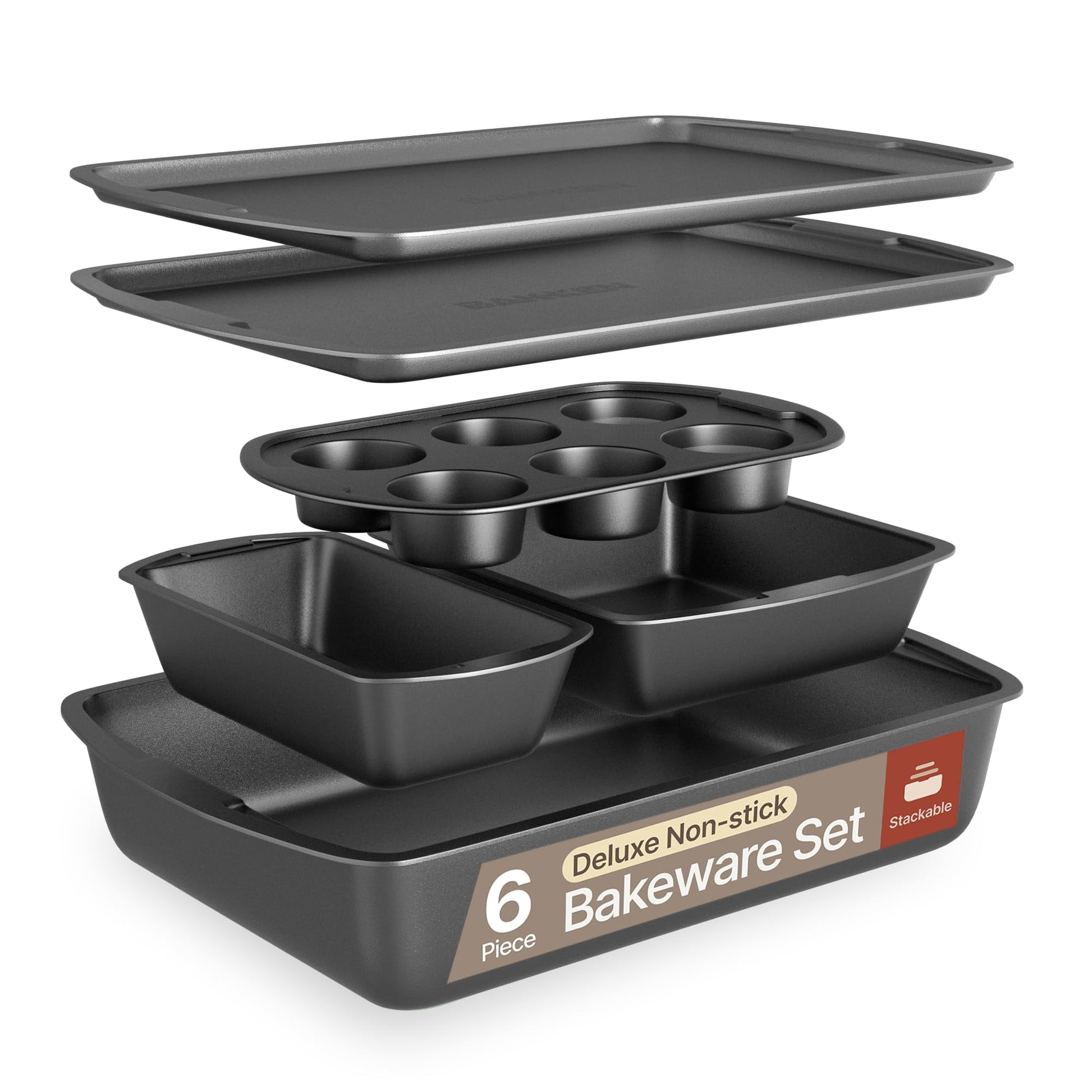 Bakken Non-Stick Bakeware Set 6-Piece, Stackable Carbon Steel Baking Pans for Home & Professional Cooking, Gray