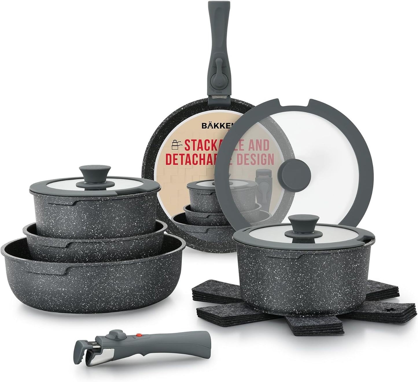 BAKKENMASTER 15 Piece Non Stick Granite Cookware Set, Black