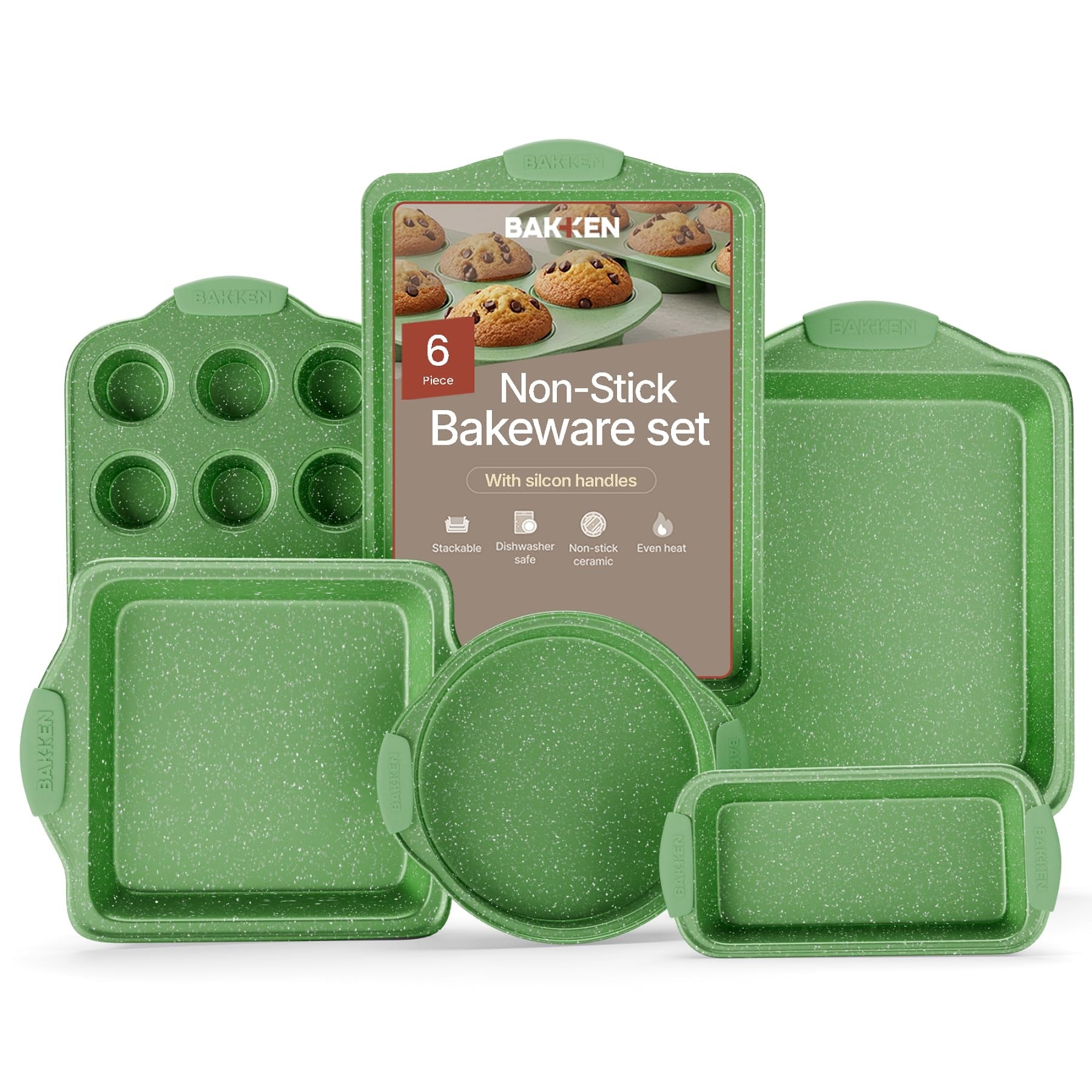Bakken- Swiss 6-Piece Kitchen Baking Pan Set â€“ Nonstick Green Marble Coating with Green Silicone Handles â€“ Carbon Steel Oven-Safe Bakeware, Up to 450Â°F