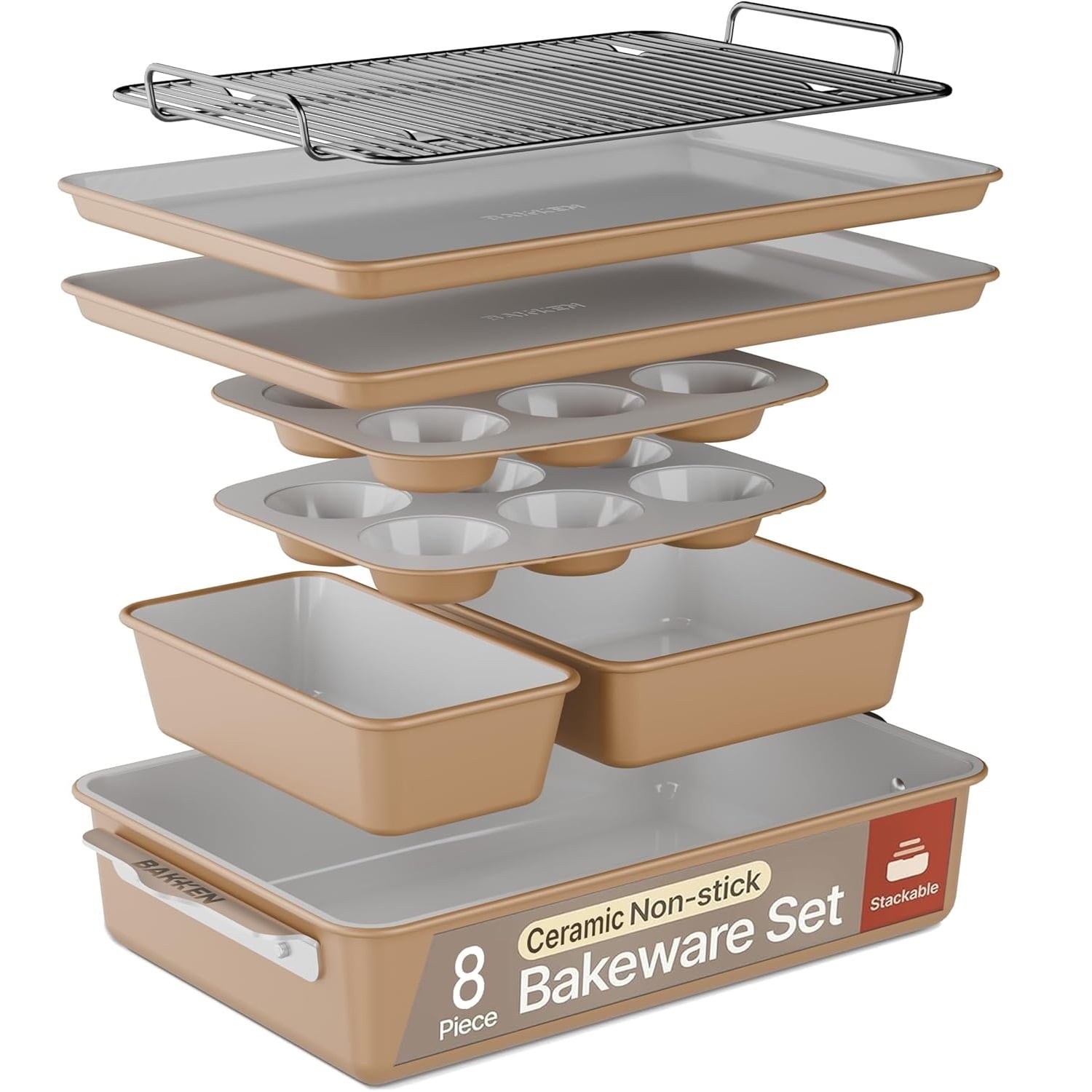 Bakken- Swiss 8-Piece Stackable Bakeware Set, Aluminized Steel with Ceramic Non-Stick Coating, Oven-Safe, Non-Toxic Baking Essentials, Durable Quality
