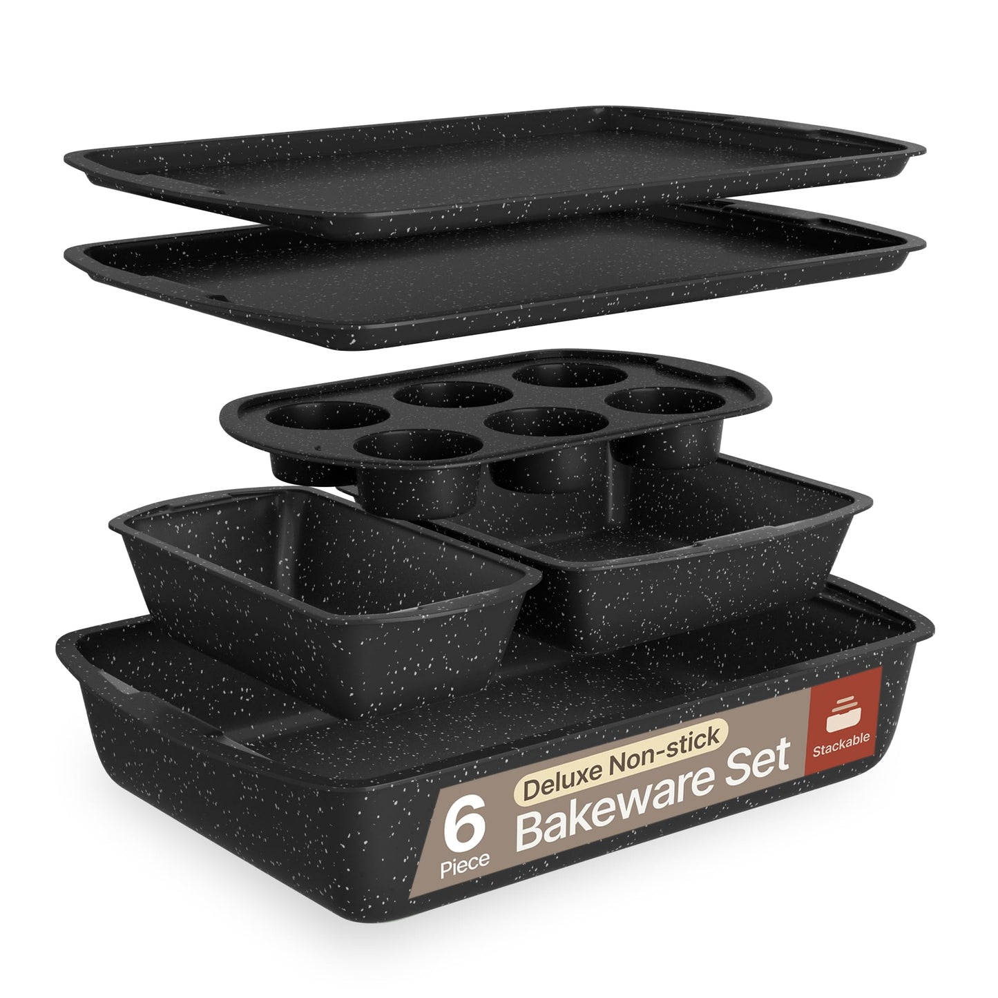 Bakken- Swiss Kitchen Baking Pan Set - Nonstick Gray Marble Coating, Commercial Grade Carbon Steel, Baking Kitchen Essentials, Oven Safe Tray (Up To 450Â° F), Set of 6