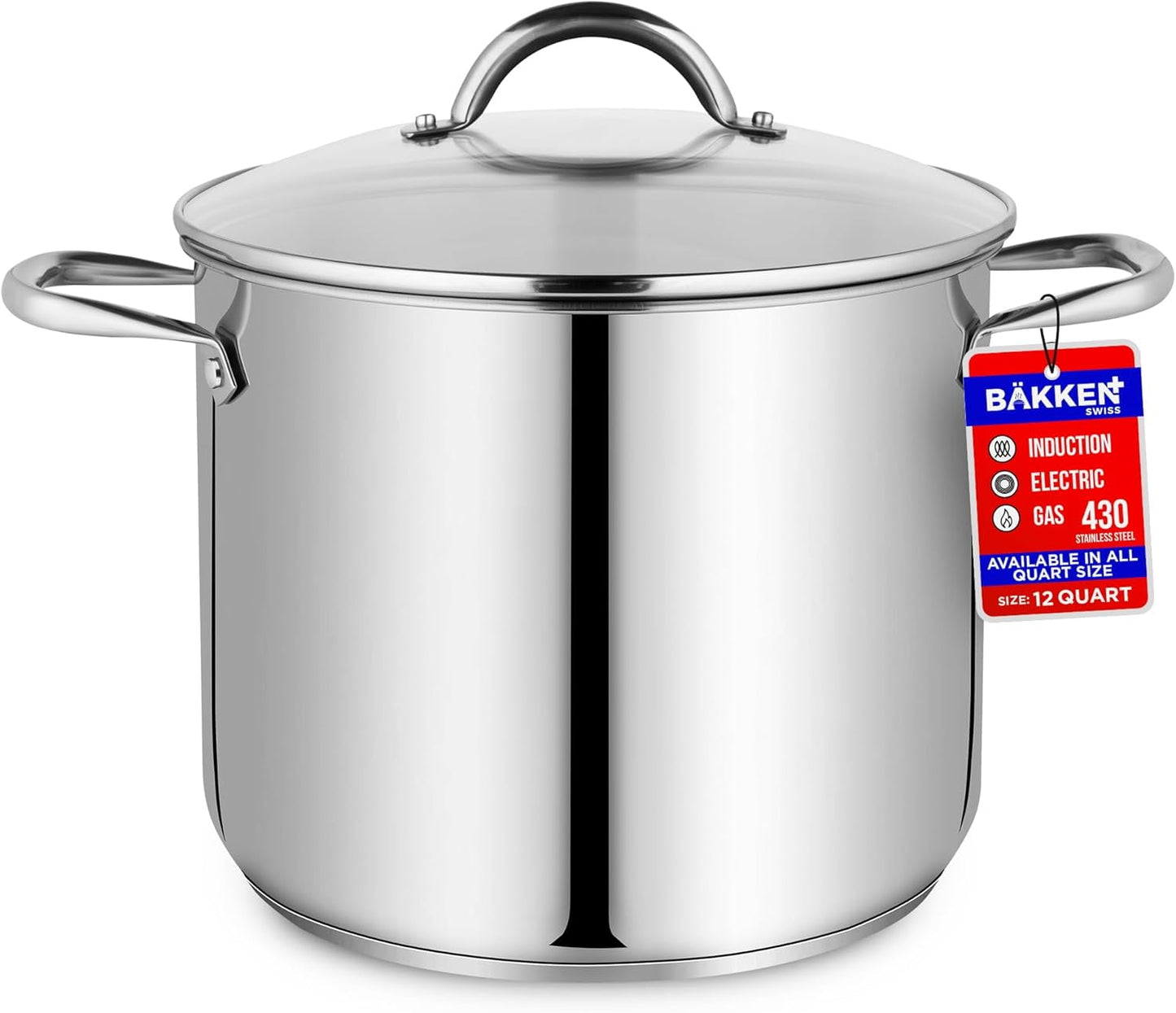 BAKKEN 12-Quart Stainless Steel Stockpot with Glass Lid â€“ Induction Compatible, Even Heat, Riveted Handles
