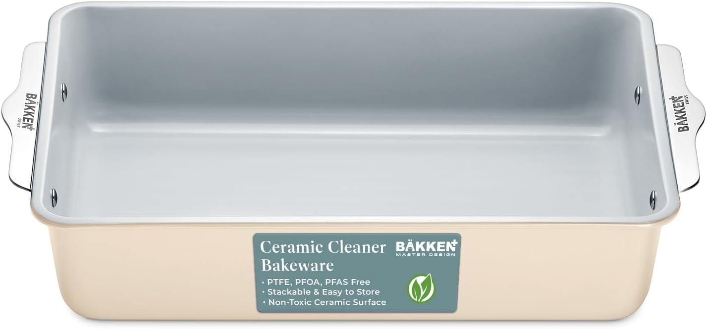 Bakken- Swiss Premium Ceramic Non-Stick Rectangle Pan, 8" x 15.5", Aluminized Steel, Non-Toxic, Ideal for Lasagna, Brownies & More, Cream