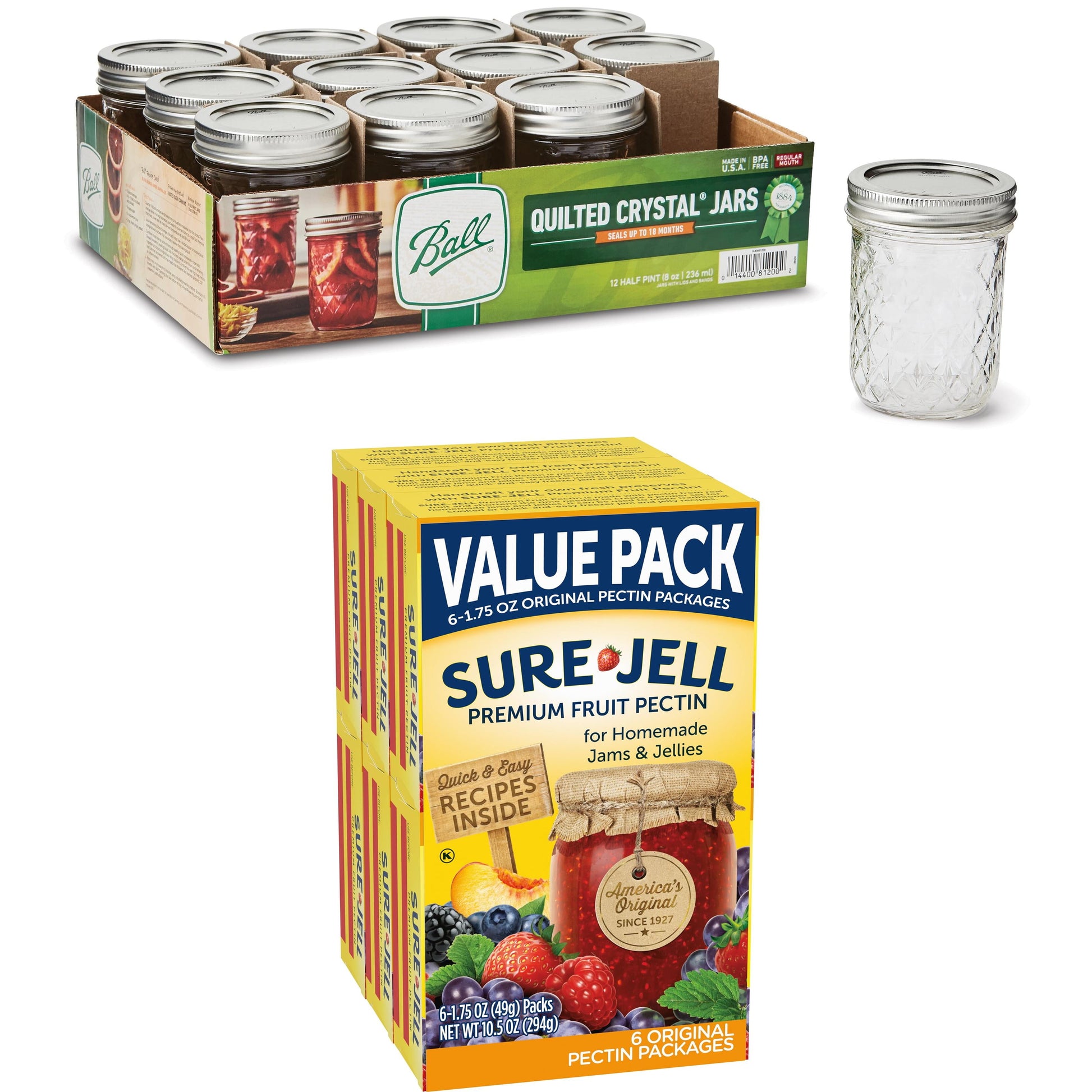 Ball 8oz Quilted Crystal Mason Jar 12pk + Sure-Jell Original Premium Fruit Pectin, 6 ct