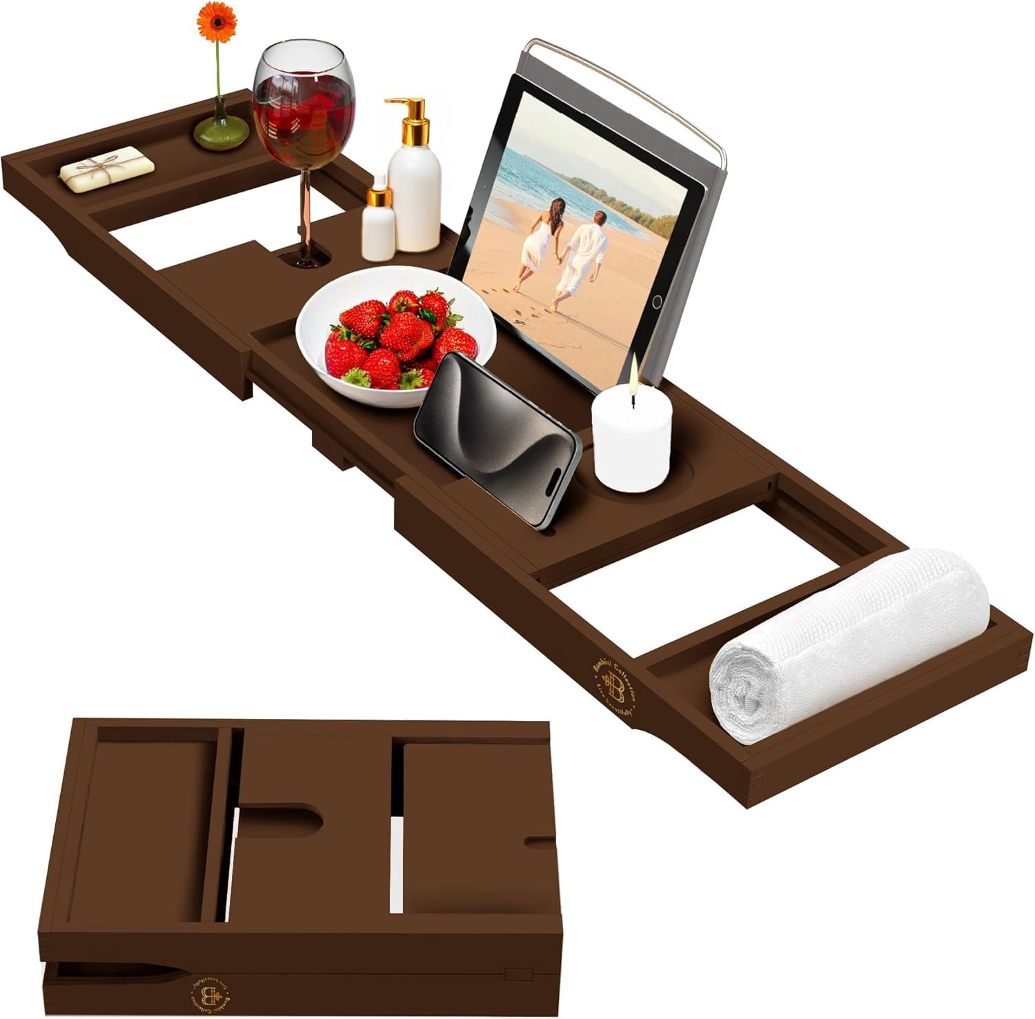 Luxury Bamboo Bathtub Tray Caddy - Expandable and Foldable Nonslip Bath Caddy with Book/Tablet and Wine Glass Holder - Gift for Her or Him by BambÃ¼si