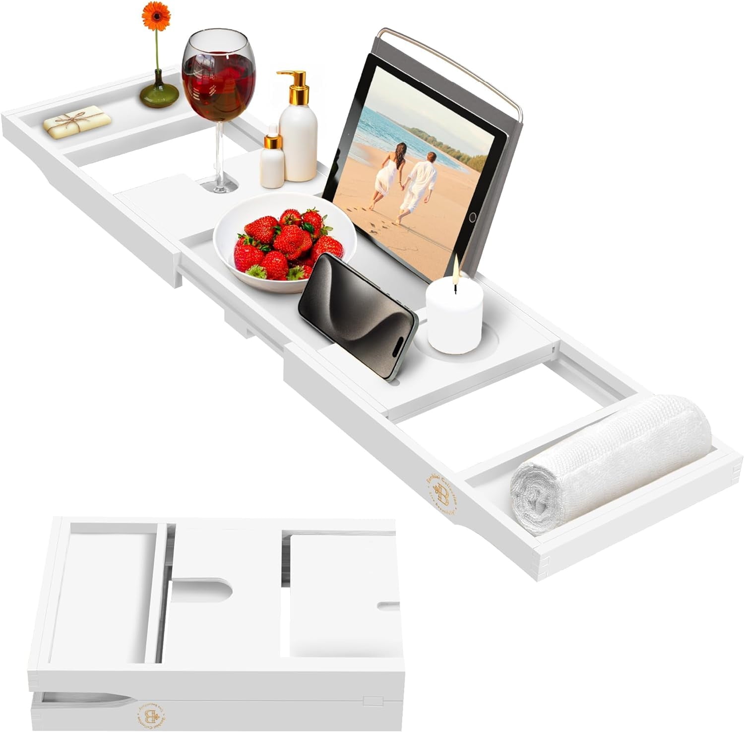 Bamboo Bathtub Caddy Tray with Extendable Slides, Cellphone Tray & Integrated Wineglass Holder