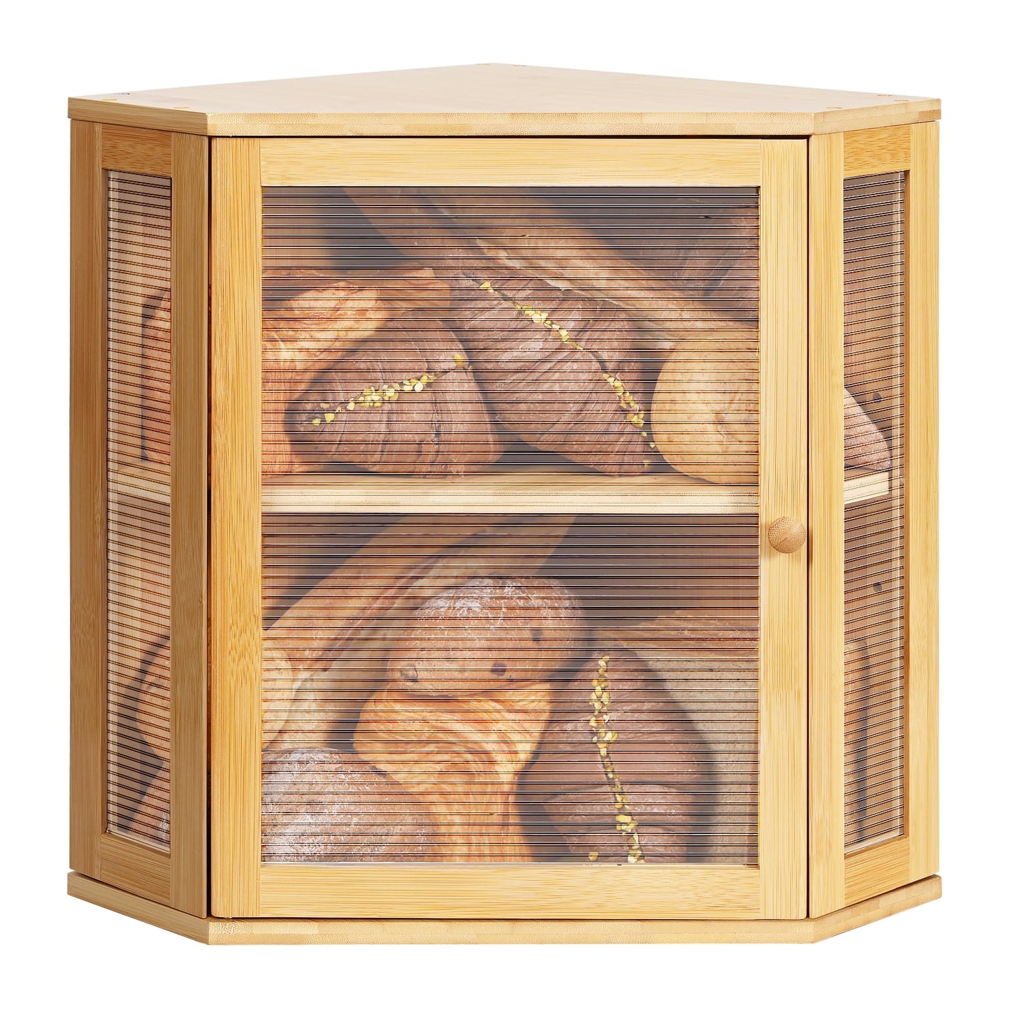 Bamboo Bread Box,2-Tier Bread Box for Kitchen Countertop,Corner Bread Storage Bread Container,Bread Storage with Adjustable Height,Bread Holder with Acrylic Wavy Door Panel, Bamboo, Large