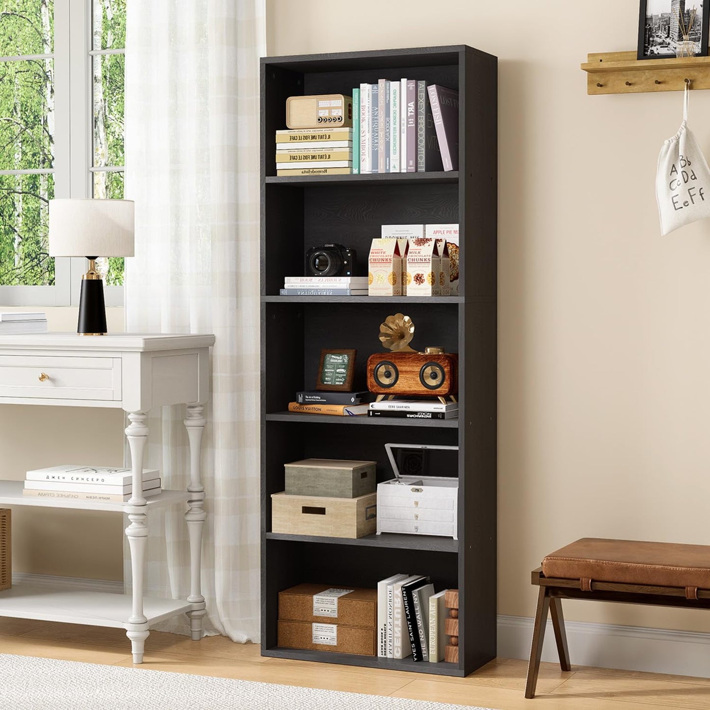 Bapipro Bookcase and Bookshelf, Floor Standing 5-Tier High Bookshelf, Display Storage Rack, Home Decorative Furniture, Suitable for Home Offices, Living Rooms, and Bedrooms,Black