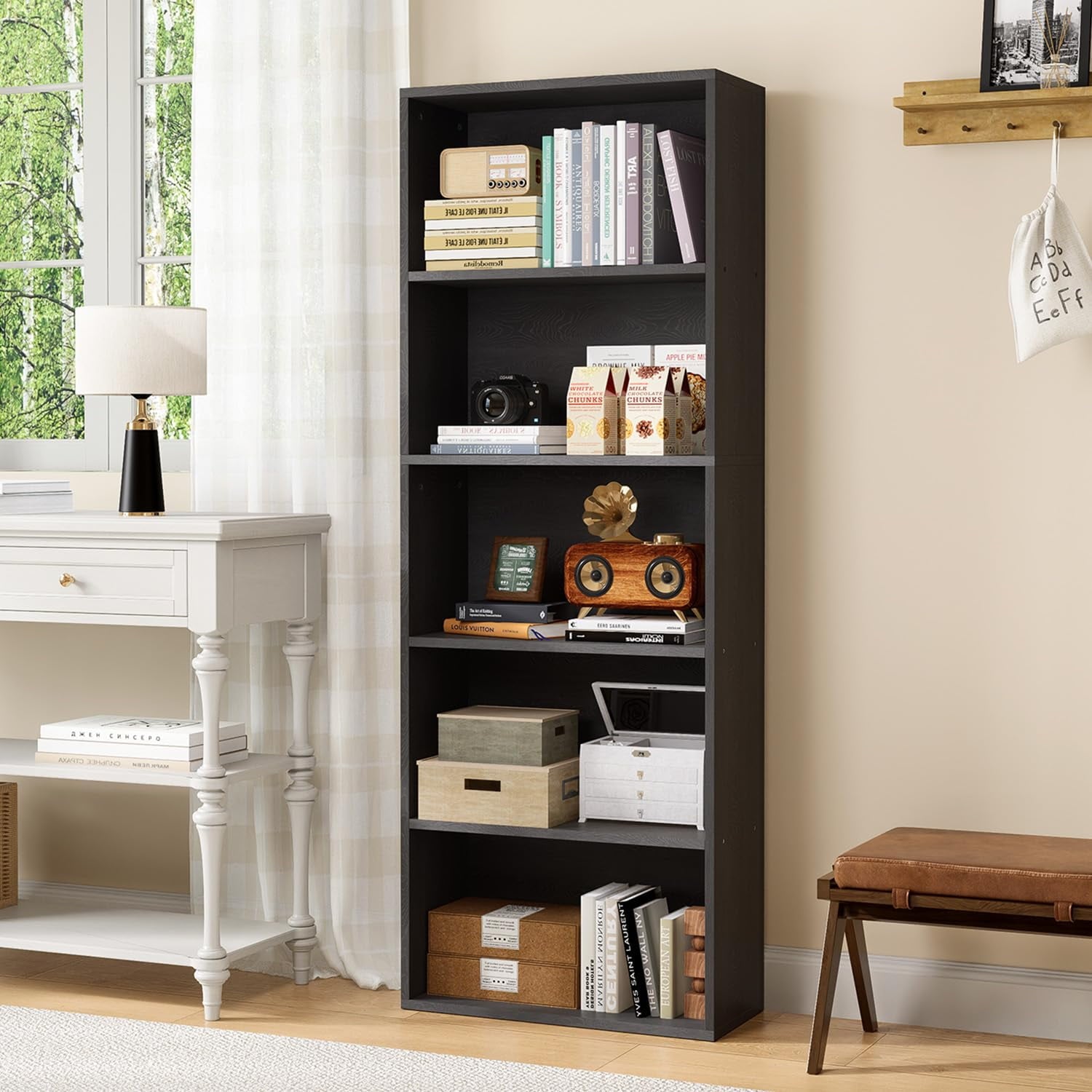 Bapipro Bookcase and Bookshelf, Floor Standing 5-Tier High Bookshelf, Display Storage Rack, Home Decorative Furniture, Suitable for Home Offices, Living Rooms, and Bedrooms,Black