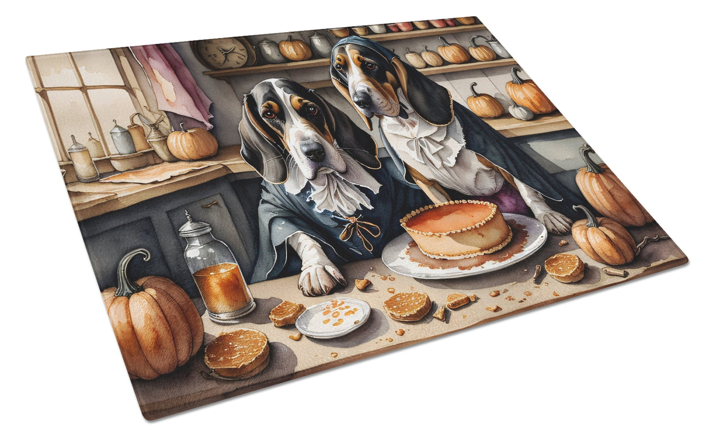 Basset Hound Fall Kitchen Pumpkins Glass Cutting Board Large 12 in x 15 in