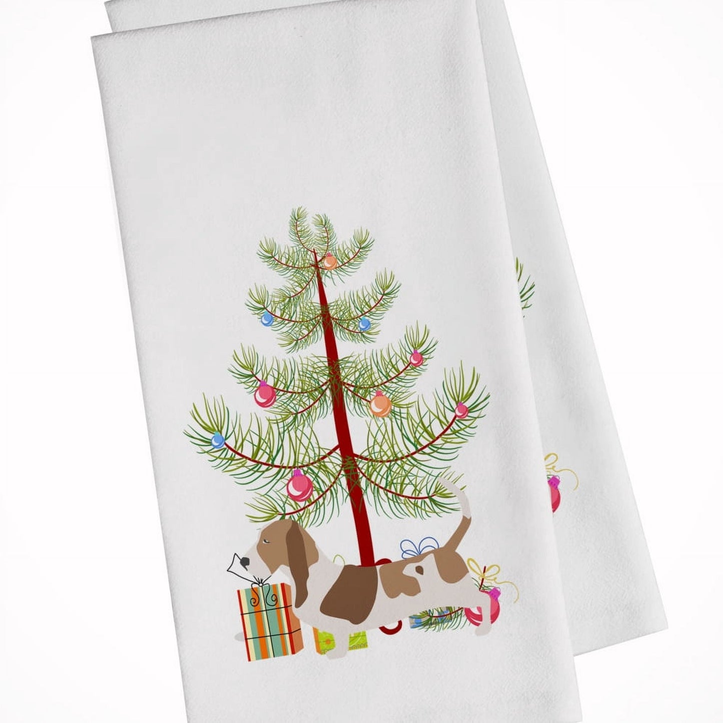Basset Hound Merry Christmas Tree White Kitchen Towel Set of 2