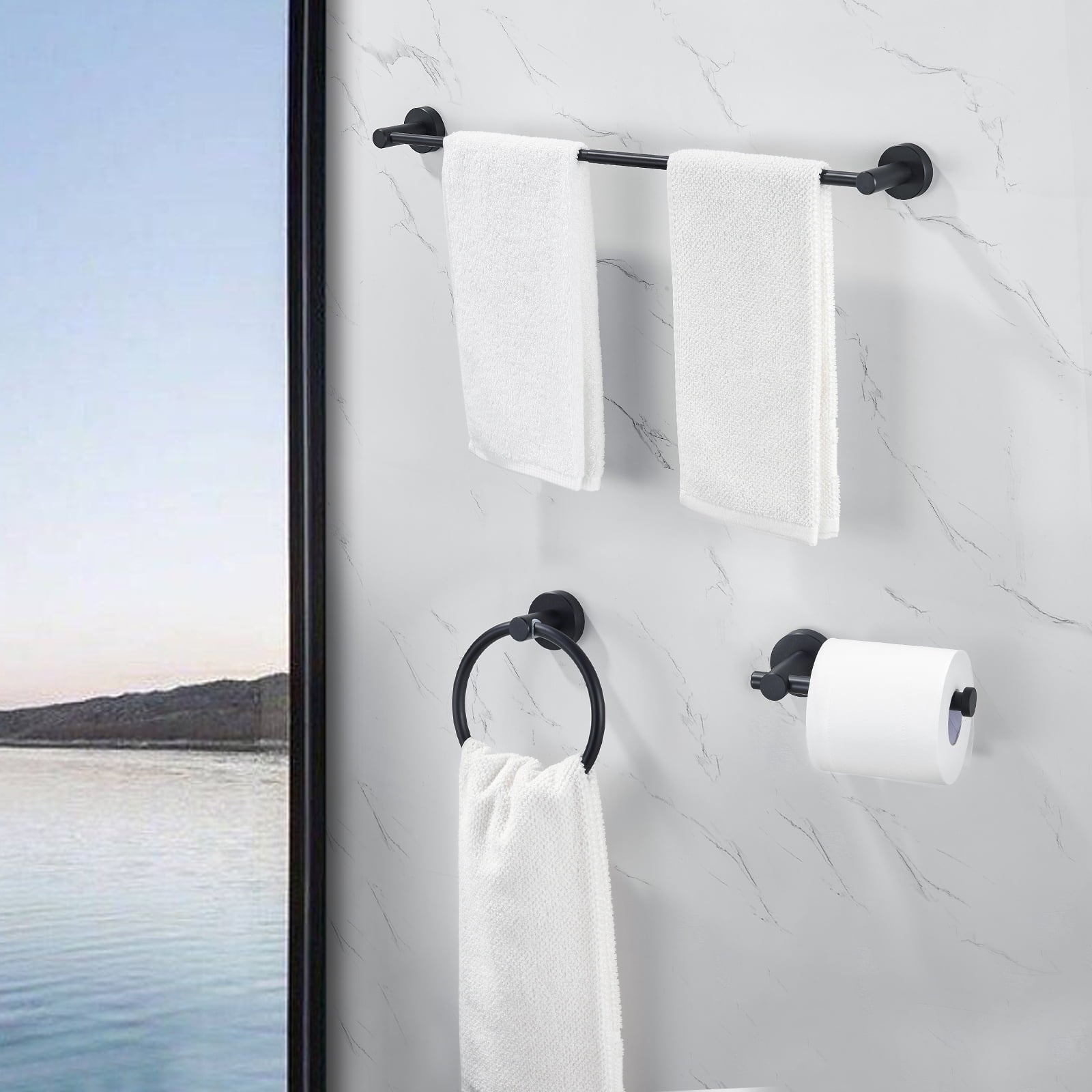 Bathroom Hardware Set, Thicken Space Aluminum 3 PCS Towel bar Set- Matte Black 16-27 Inches Adjustable Bathroom Accessories Set [Unable ship on weekends+usps/fedex]