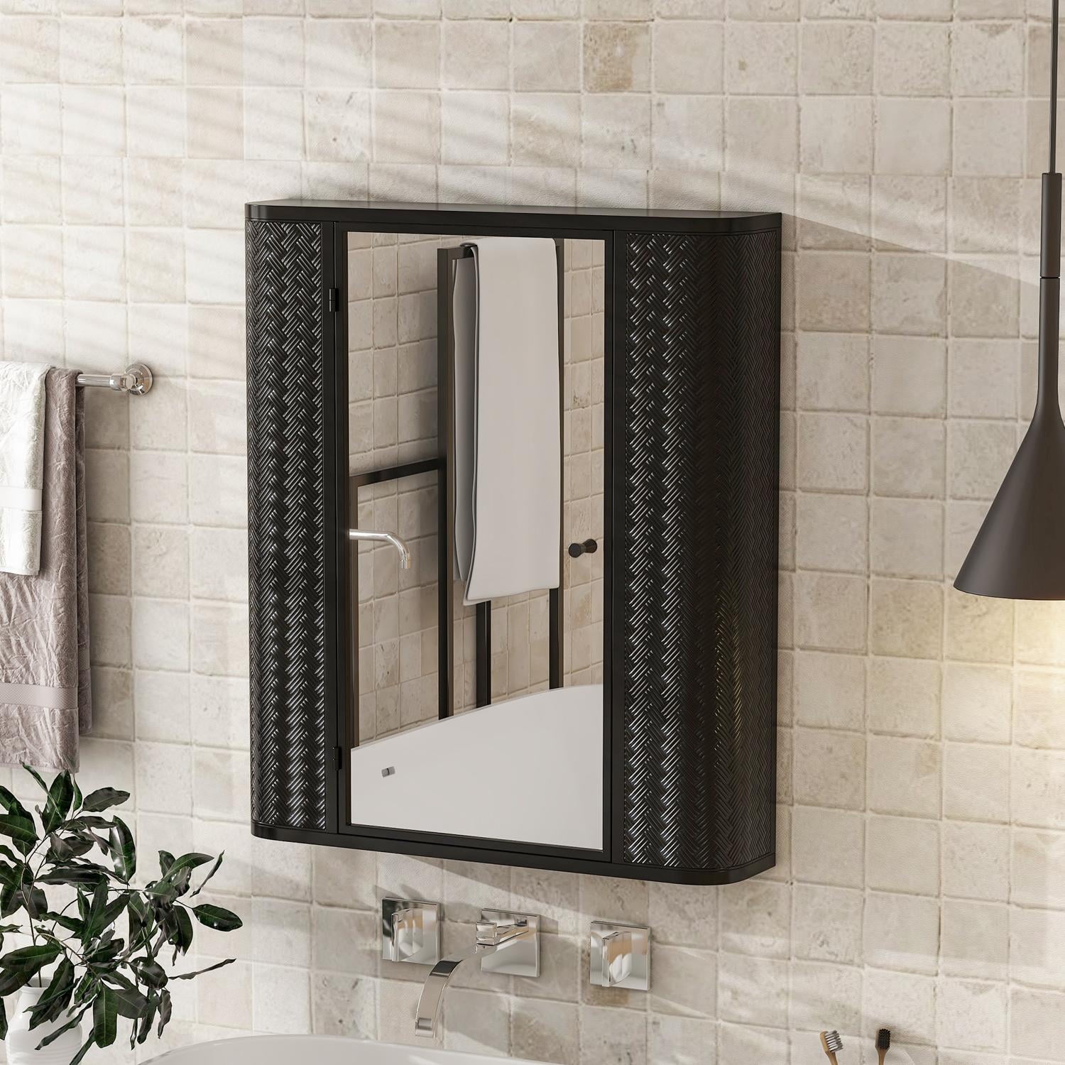 Bathroom Medicine Cabinet Over The Toilet Storage Wall Mounted Mirror Cabinet,&nbsp;with Glass Shelf Open Compartment and Magnetic Closure, Bathroom Organizer Antique Black