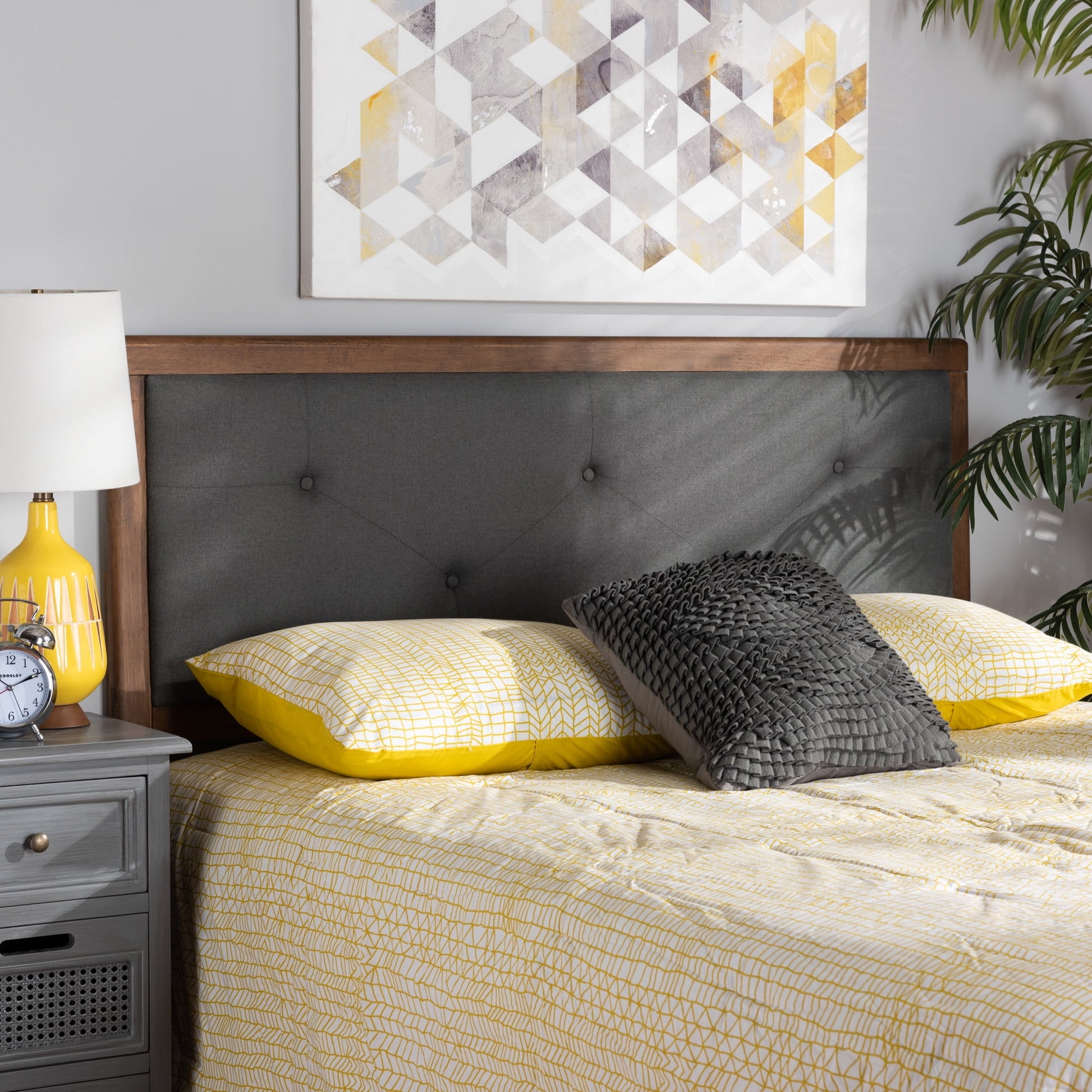 Baxton Studio Abner Modern and Contemporary Transitional Dark Grey Fabric Upholstered and Walnut Brown Finished Wood King Size Headboard