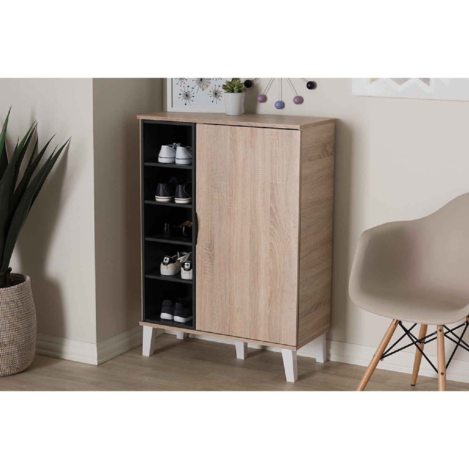 Baxton Studio Adelina Mid-Century Modern 1-door Oak and Gray Wood Shoe Cabinet