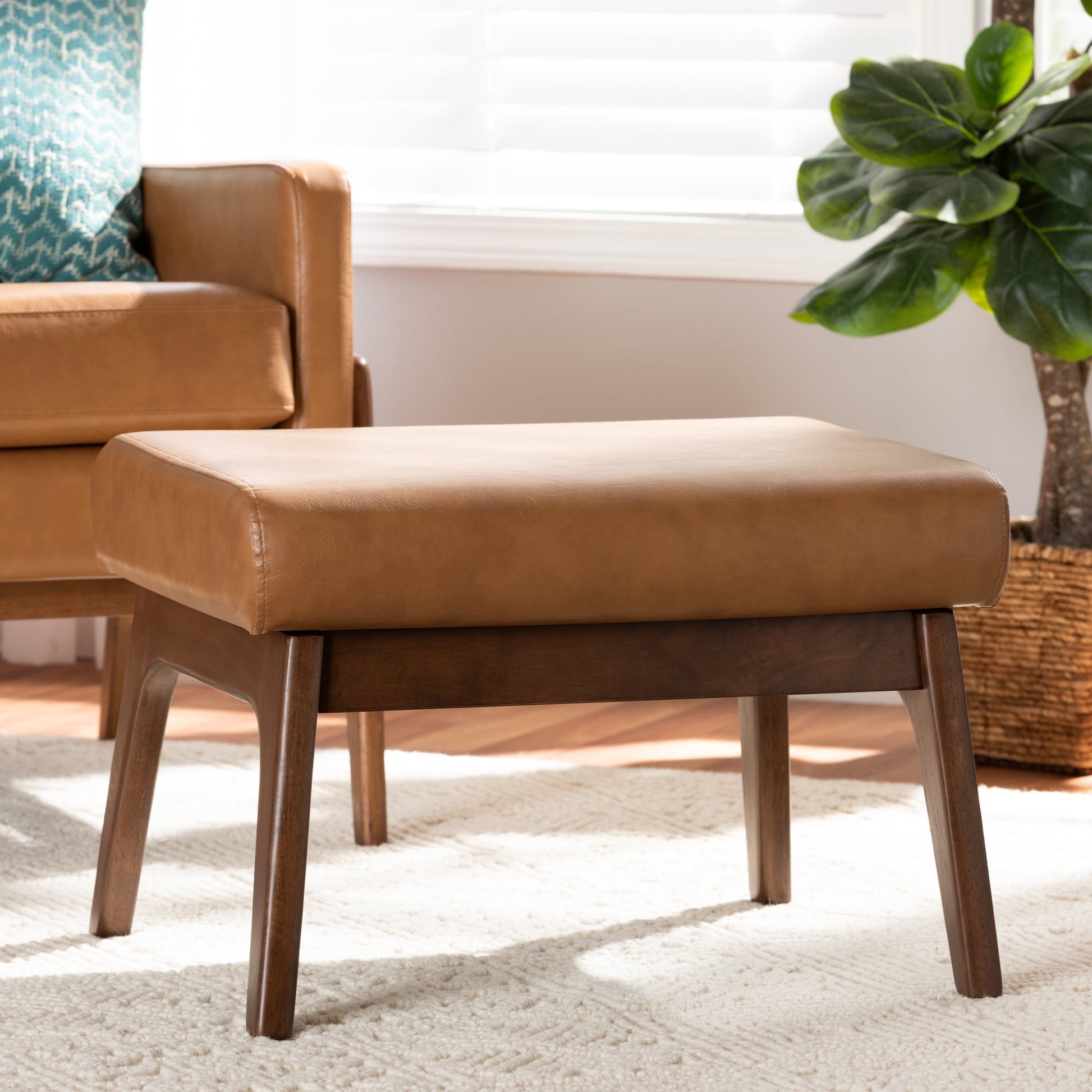 Baxton Studio Bianca Mid-Century Modern Walnut Brown Finished Wood and Tan Faux Leather Effect Ottoman