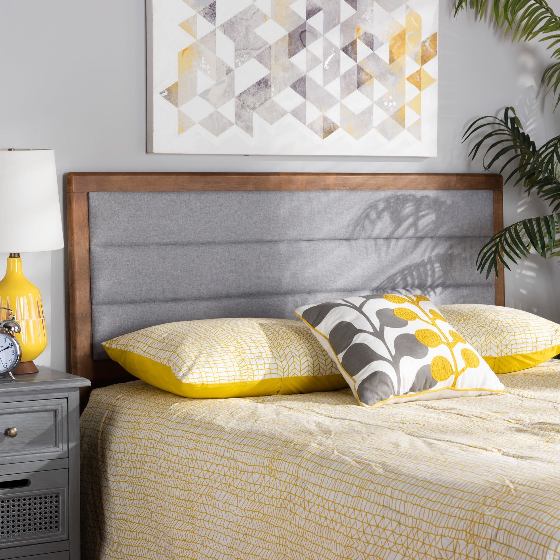 Baxton Studio Dexter Modern and Contemporary Light Grey Fabric Upholstered and Walnut Brown Finished Wood Full Size Headboard