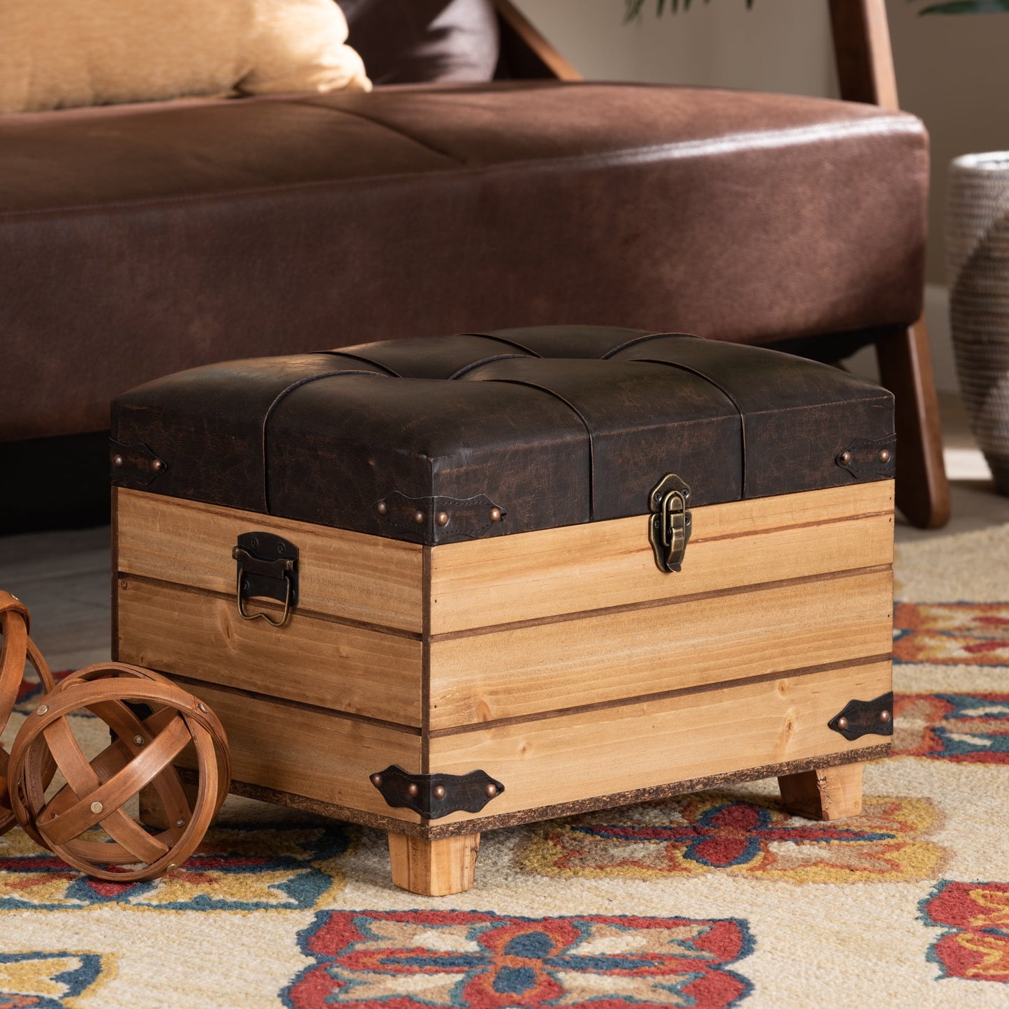 Baxton Studio Edmund Rustic Transitional Dark Brown Faux Leather Upholstered and Oak Brown Finished Wood Storage Ottoman