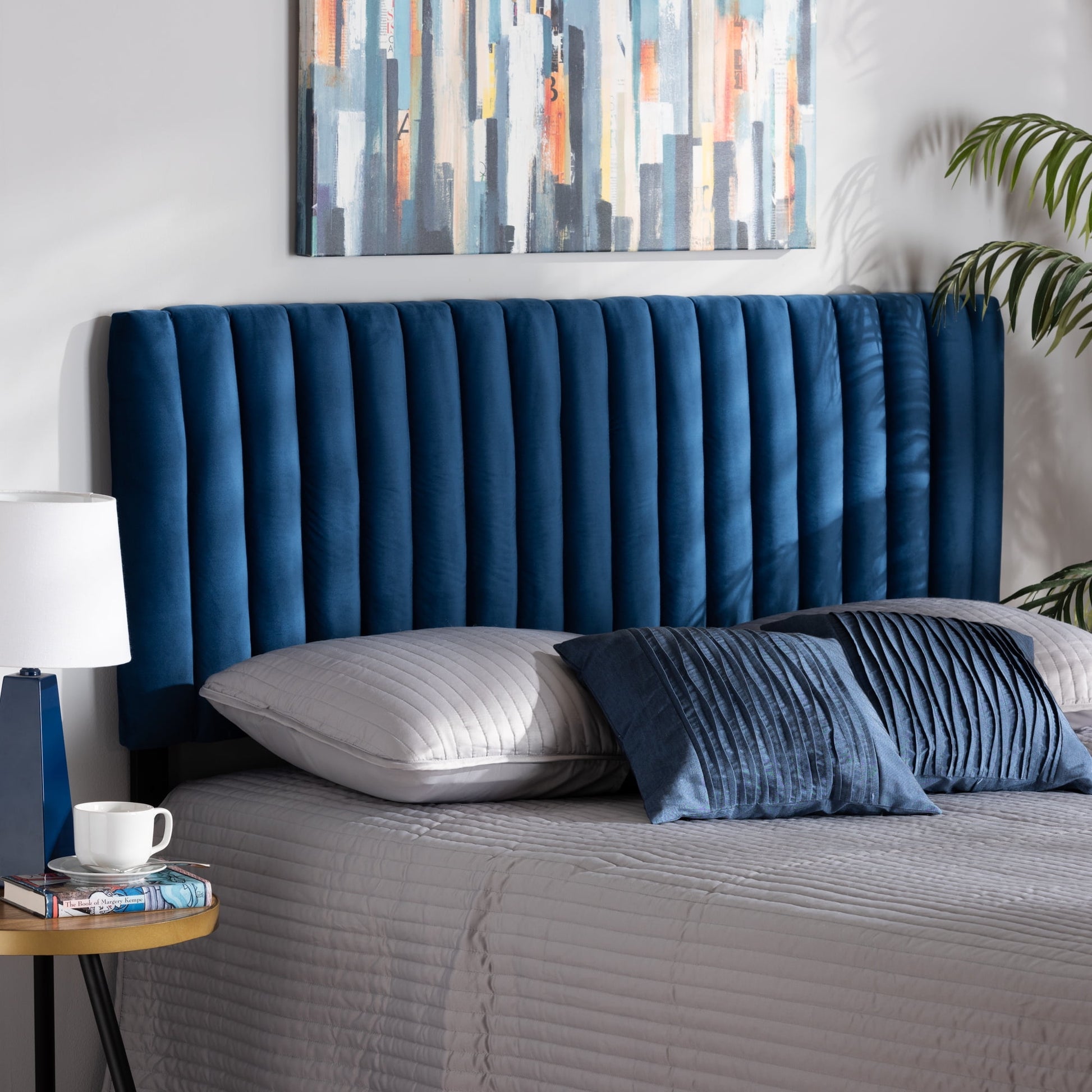 Baxton Studio Emile Modern and Contemporary Navy Blue Velvet Fabric Upholstered and Dark Brown Finished Wood, Full Size Headboard