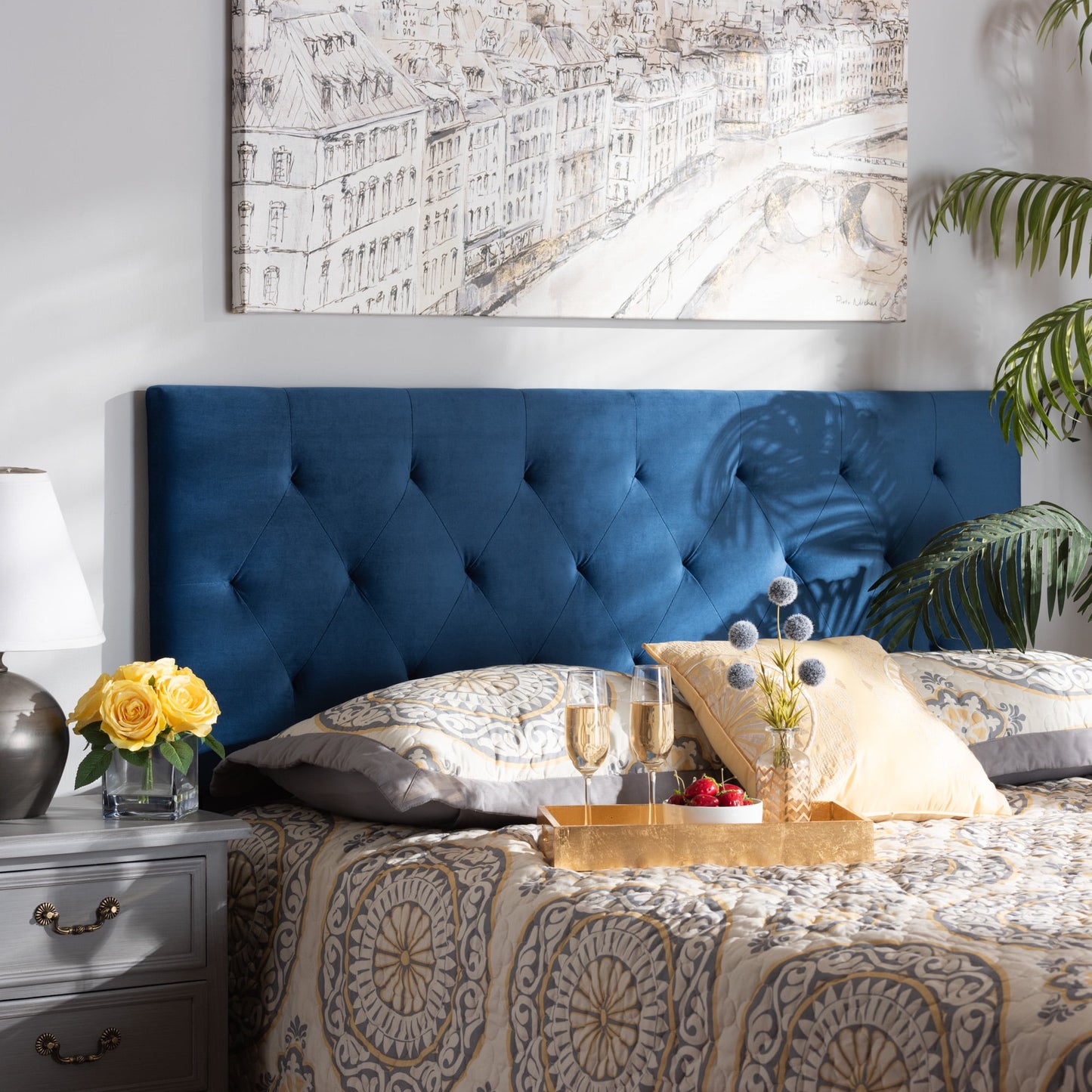 Baxton Studio Felix Modern and Contemporary Navy Blue Velvet Fabric Upholstered Full Size Headboard