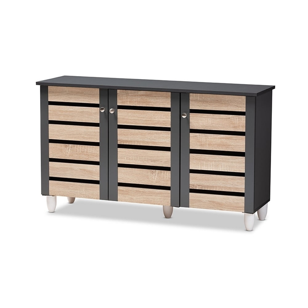 Baxton Studio Gisela Two-Tone Oak Wood 3-Door Shoe Cabinet in Dark Gray