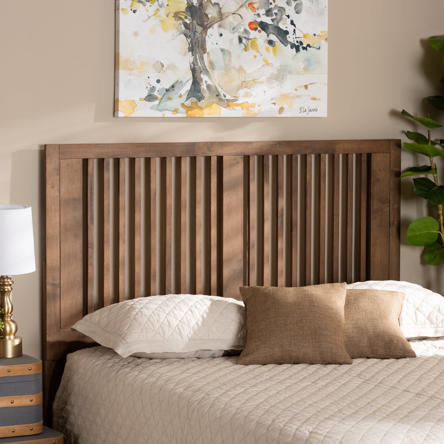 Baxton Studio Harena Contemporary/Modern Slat Back Support Rubberwood Headboard, Full, Ash Walnut