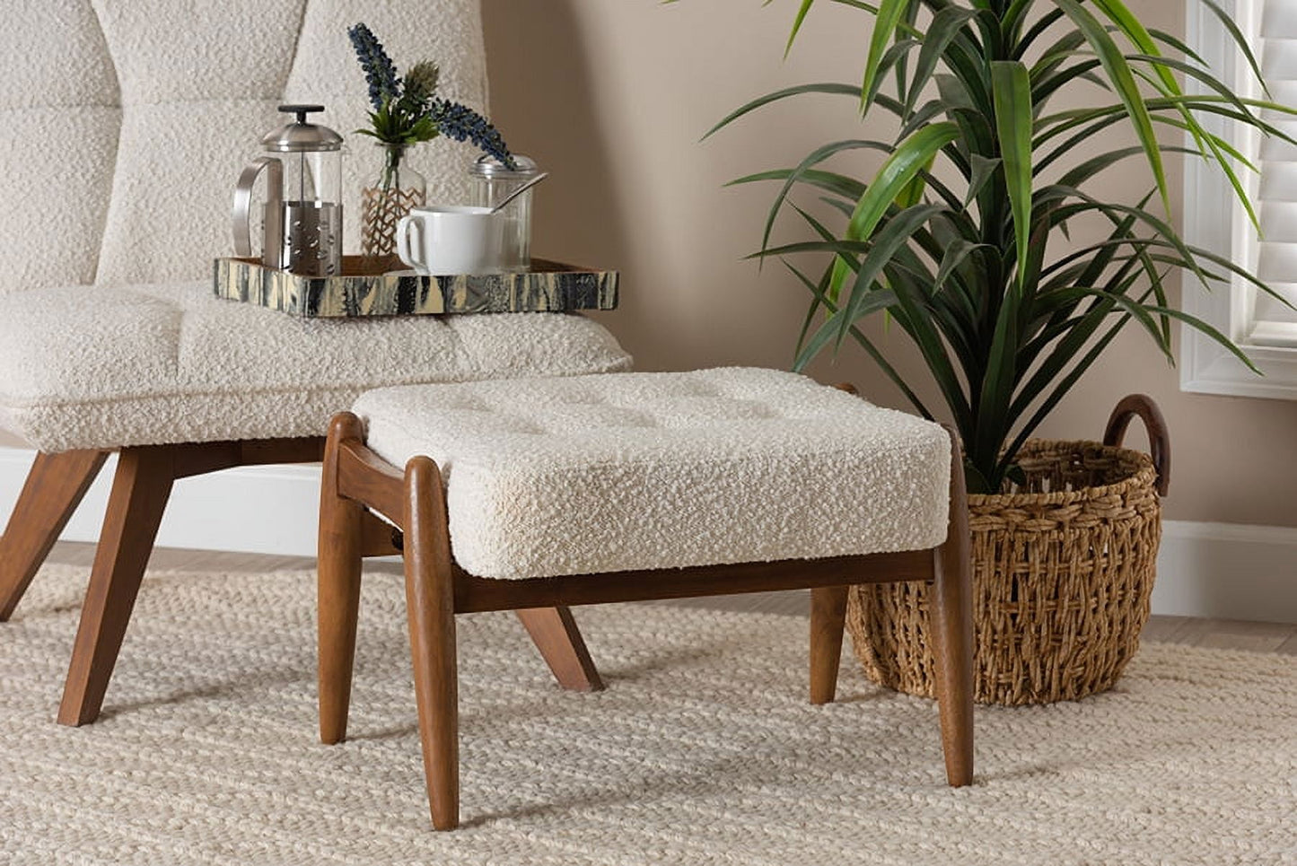 Baxton Studio Jeanine Japandi Cream Boucle Fabric and Walnut Brown Finished Rubberwood Ottoman Footstool