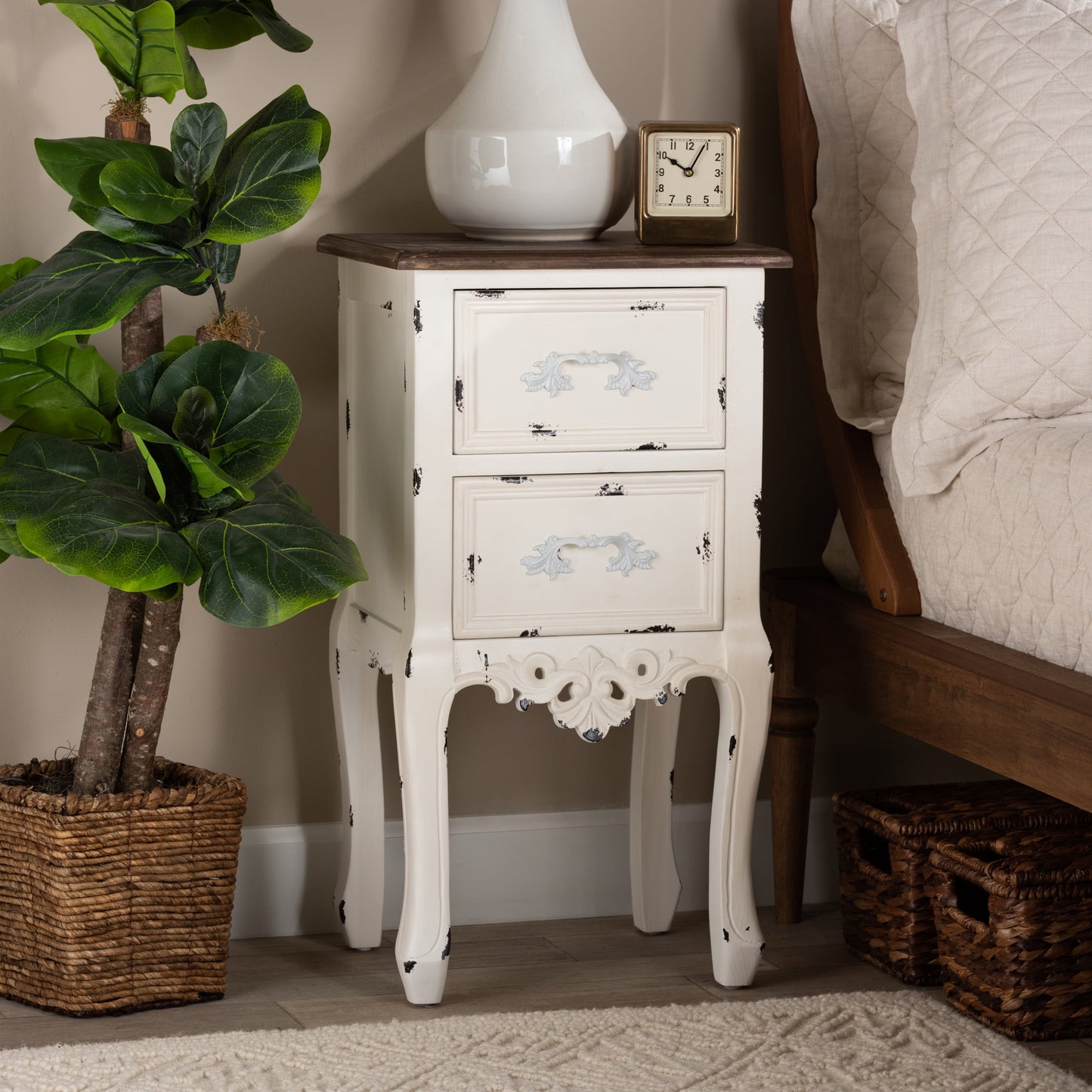 Baxton Studio Levron Classic and Traditional Two-Tone Walnut Brown and Antique White Finished Wood 2-Drawer End Table