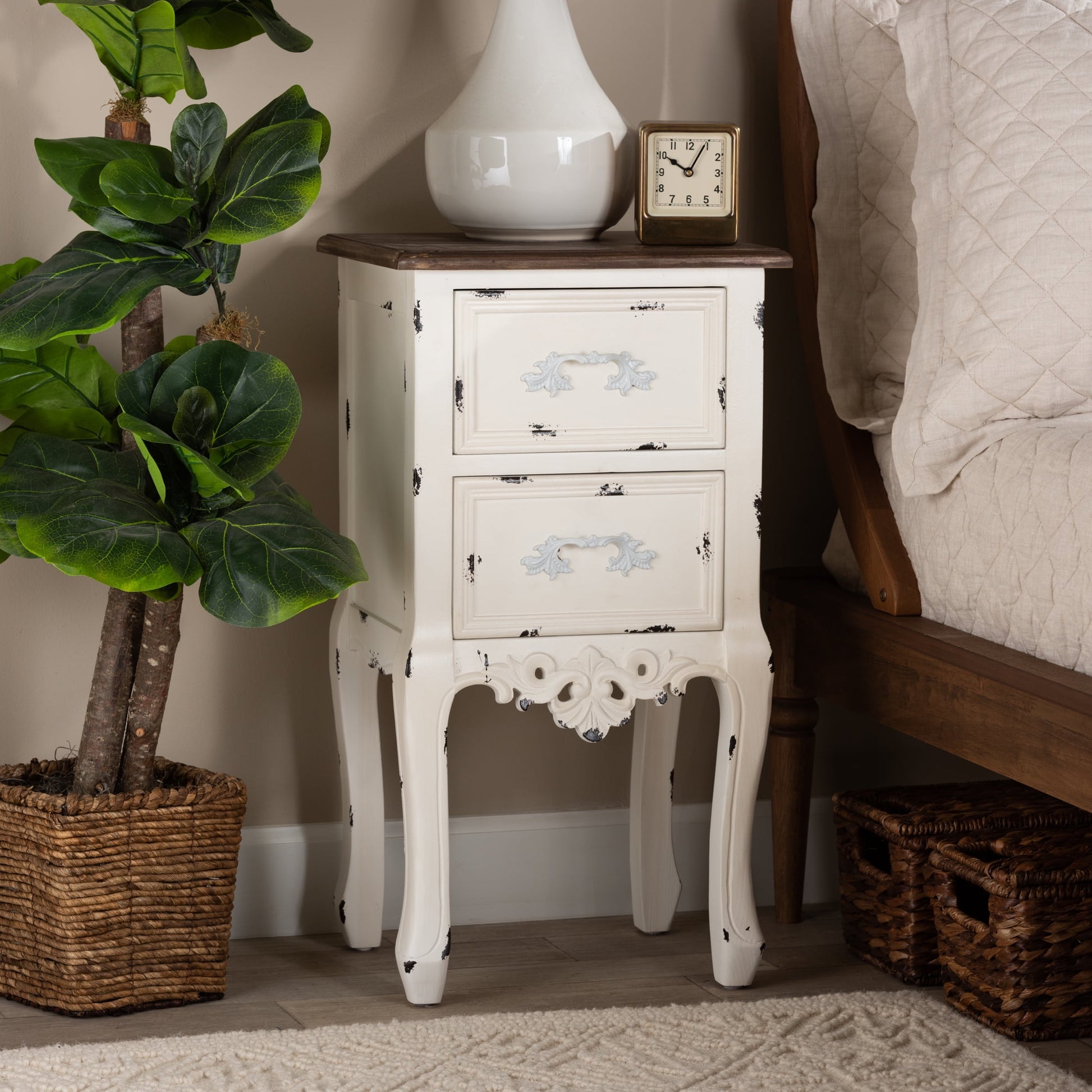 Baxton Studio Levron Classic and Traditional Two-Tone Walnut Brown and Antique White Finished Wood 2-Drawer End Table