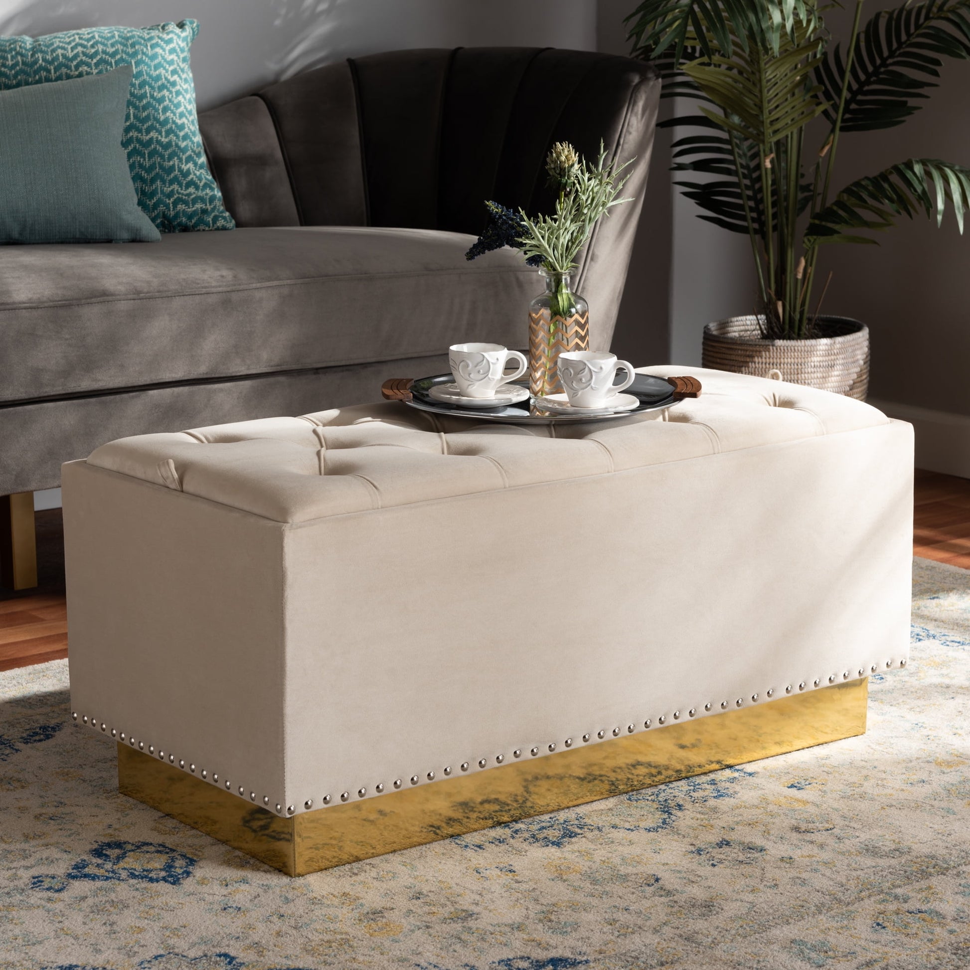 Baxton Studio Beige Velvet Upholstered Storage Ottoman in Gold PU Leather Base