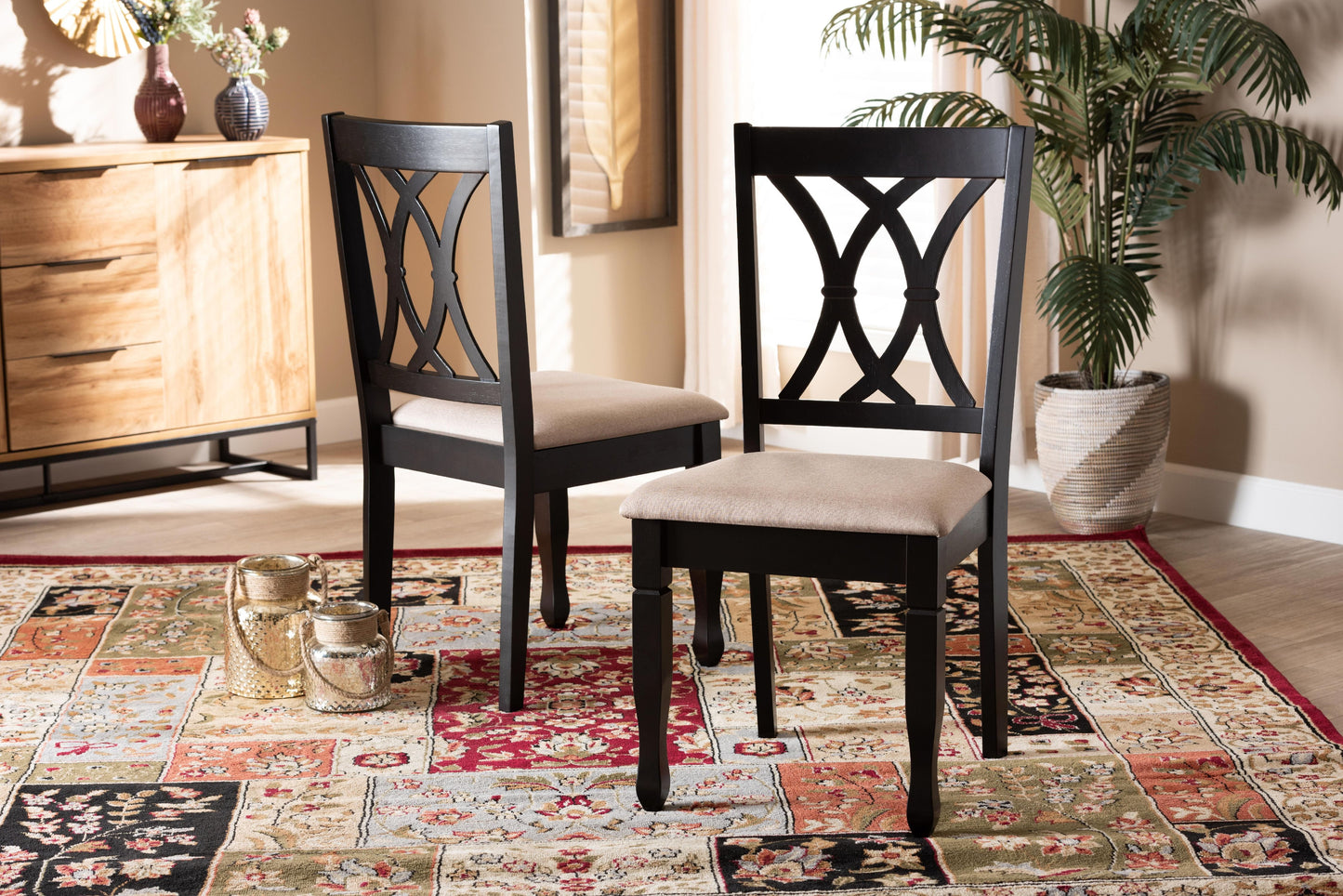 Baxton Studio Reneau Modern and Contemporary Sand Fabric Upholstered Espresso Brown Finished Wood 2-Piece Dining Chair Set Set