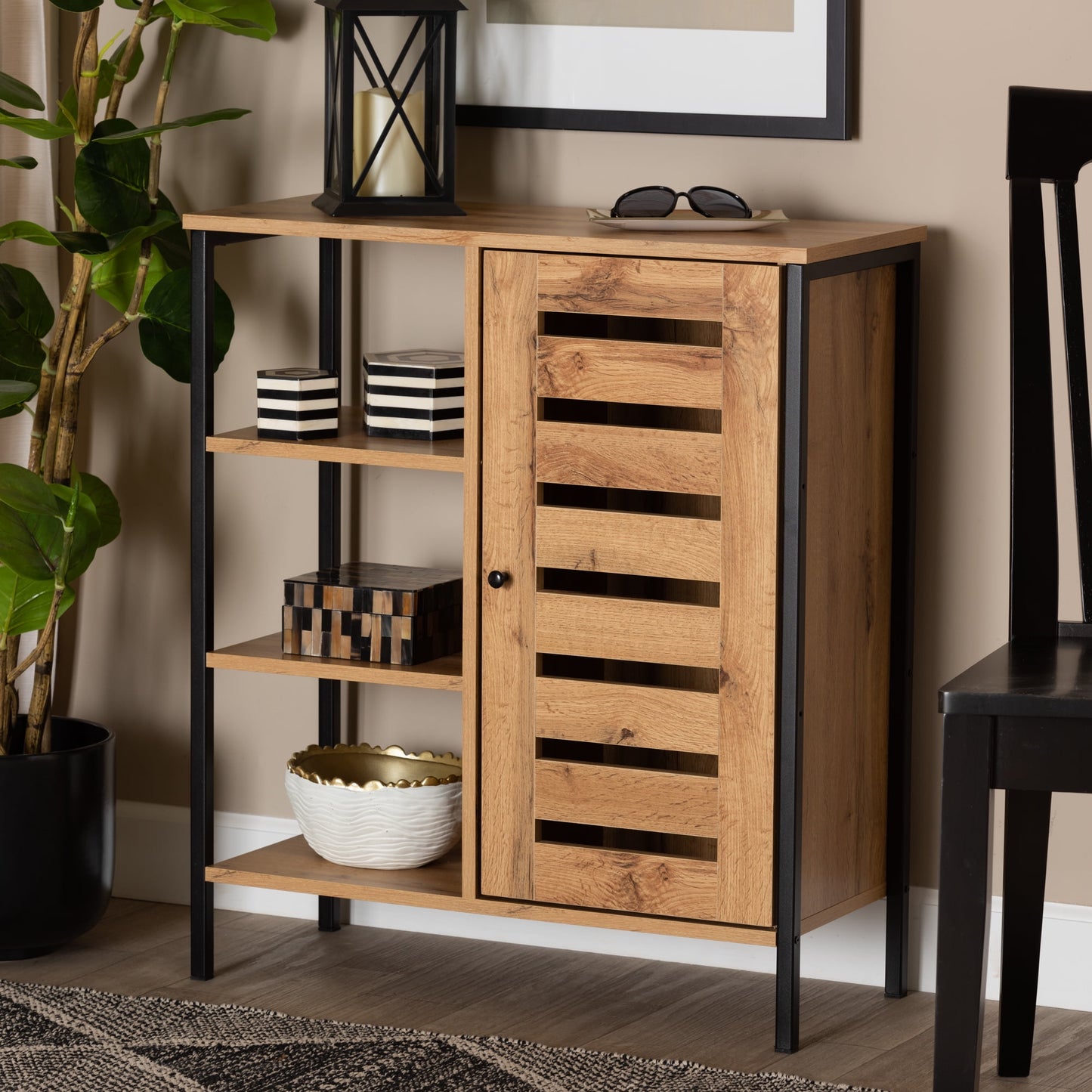Baxton Studio Vander Modern and Contemporary Oak Brown Finished Wood and Black Finished Metal 1-Door Shoe Storage Cabinet