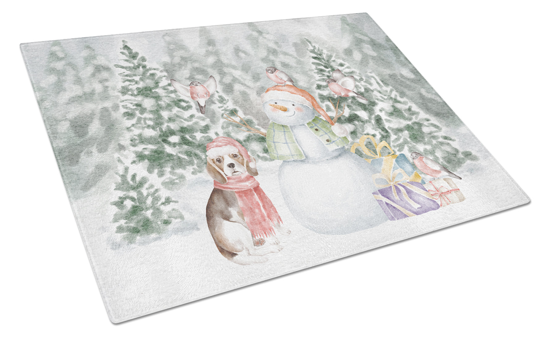Beagle Tricolor with Christmas Presents Glass Cutting Board Large 12 in x 15 in
